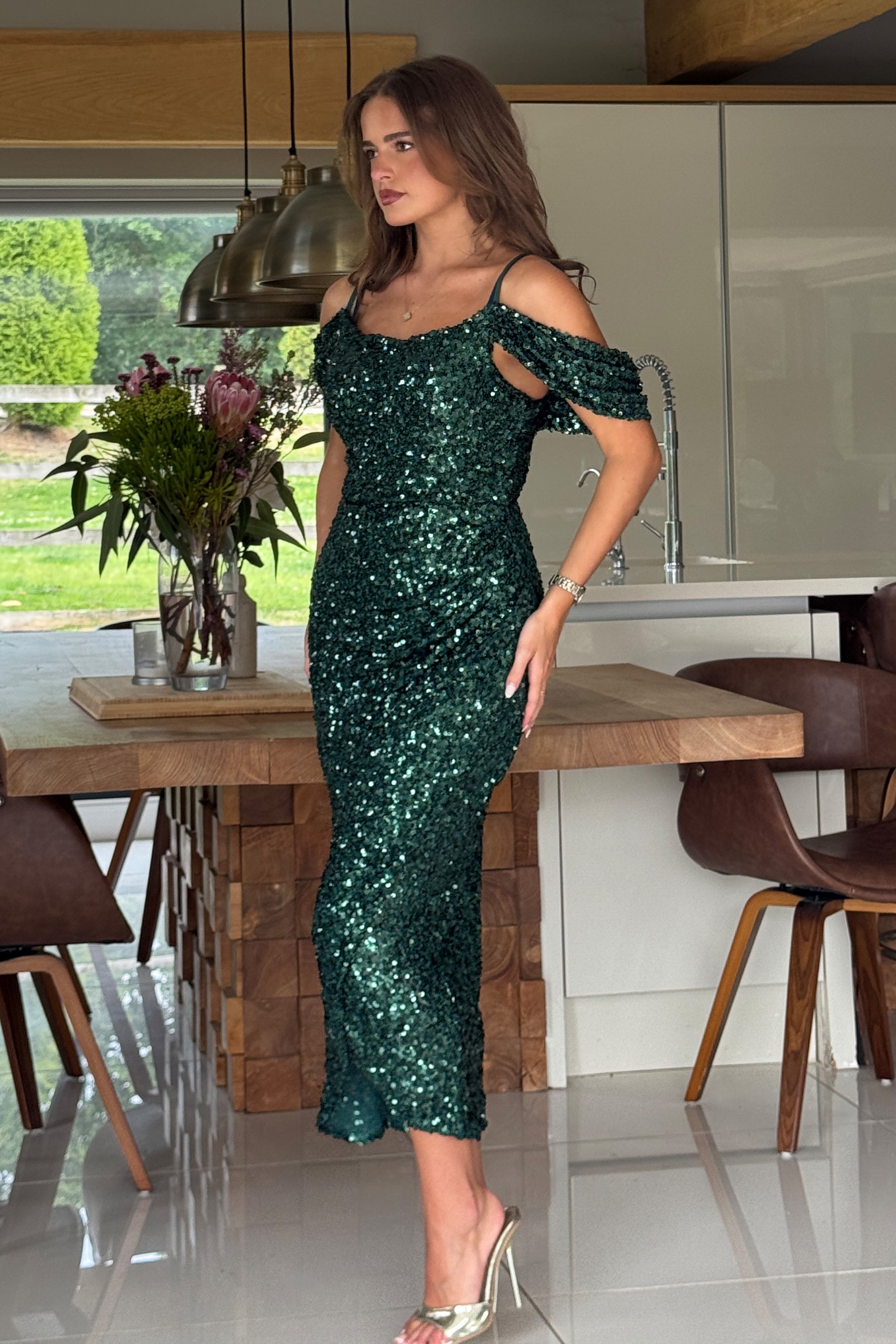 Camila Green Sequin Wrap Over Midi dress
