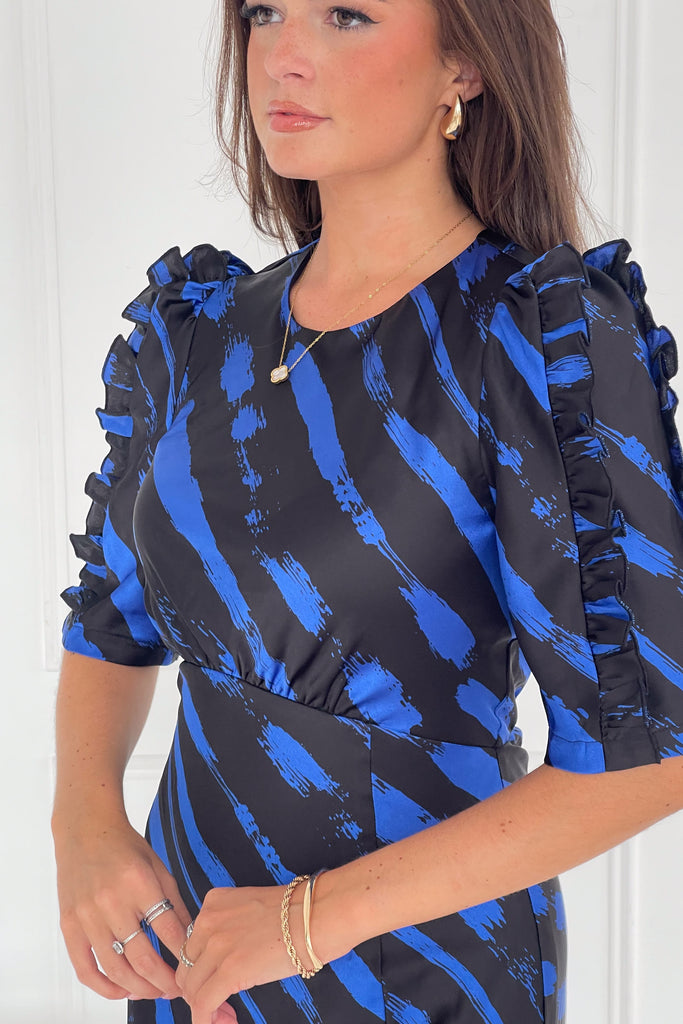 Samira Cobalt Print Frill Sleeve Midi Dress – Girl In Mind