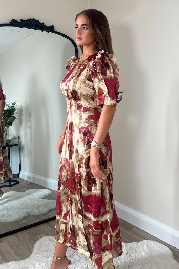 samira midi dress Samira Abstract Frill Sleeve Midi Dress – Girl In Mind