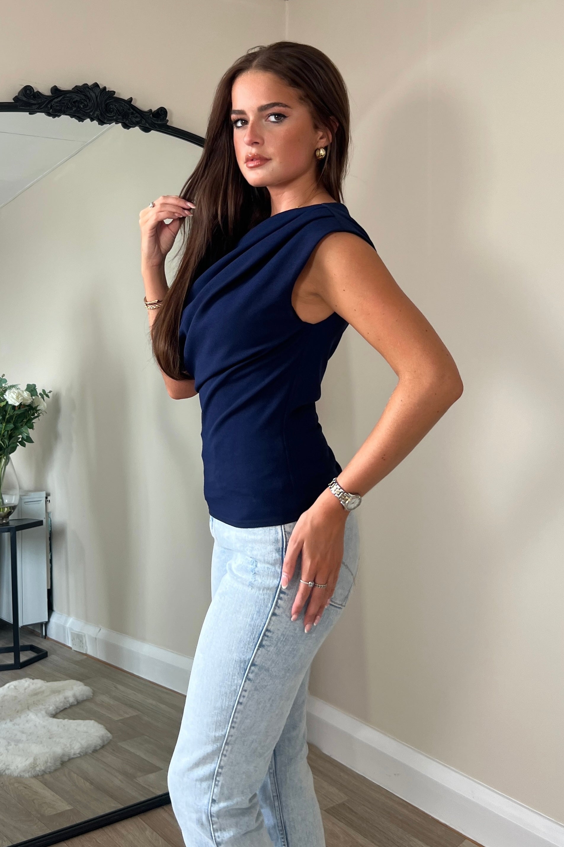 Donna Asymmetric Navy Top