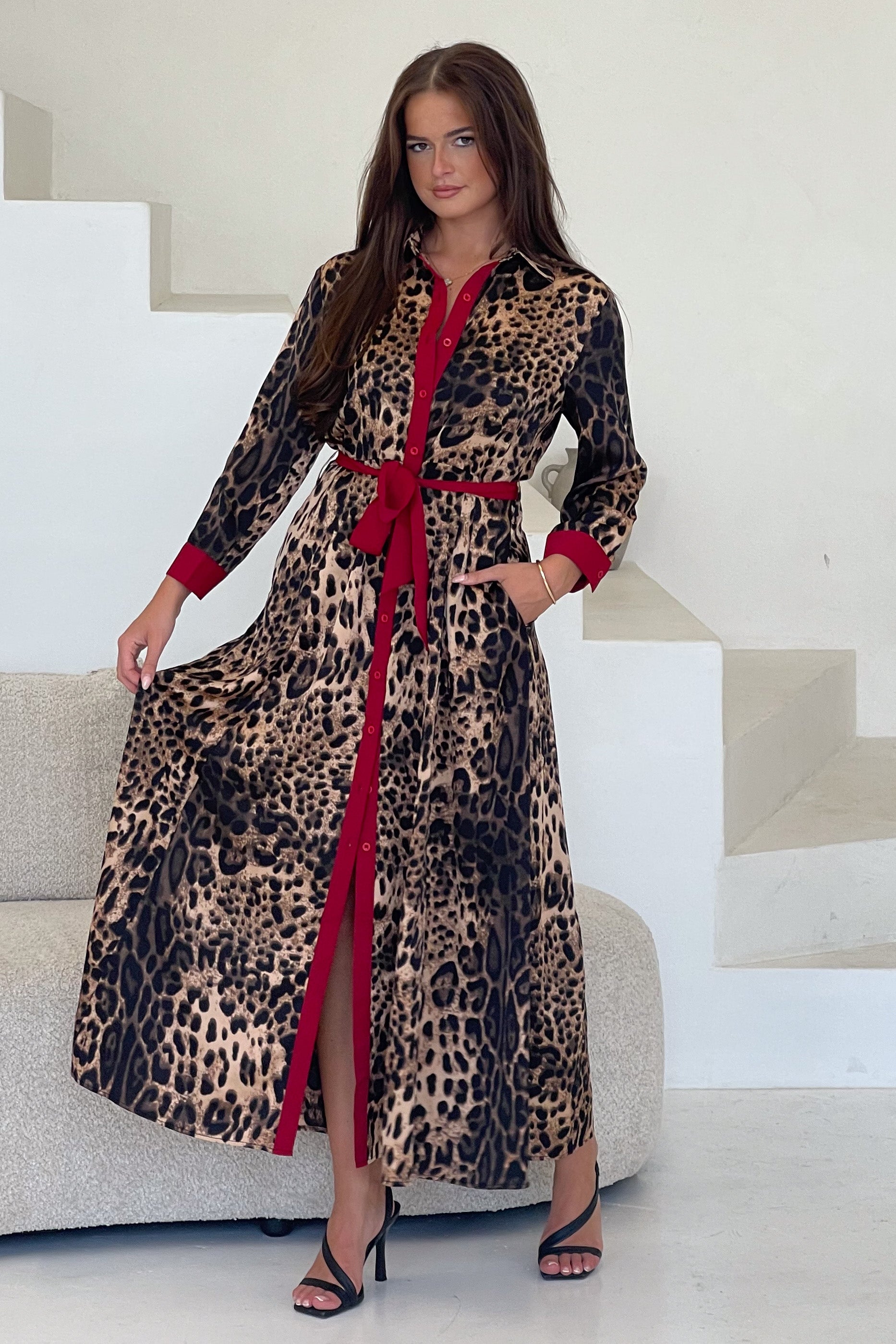 Angela Leopard Print Red Shirt Maxi Dress