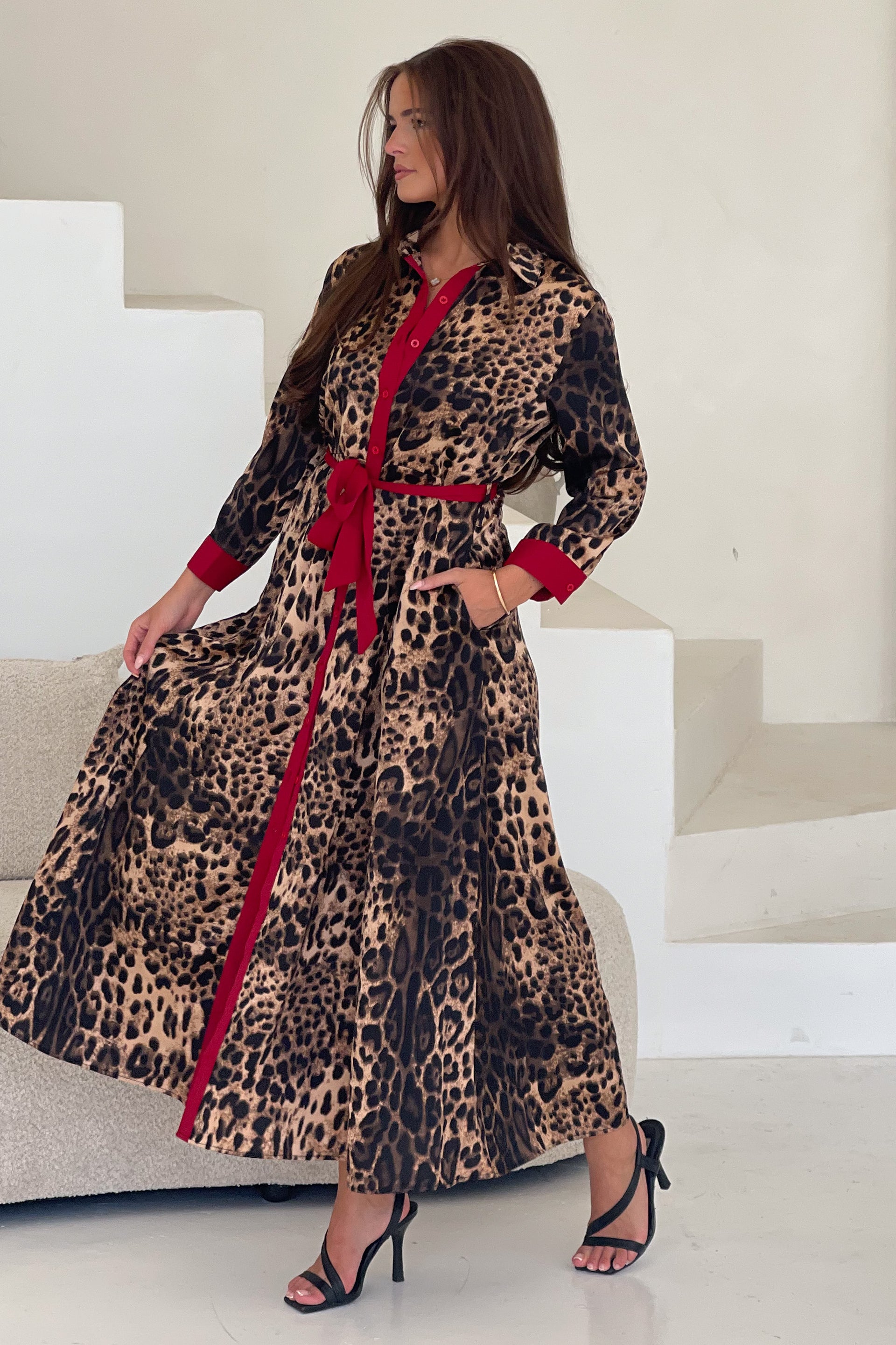 Angela Leopard Print Red Shirt Maxi Dress