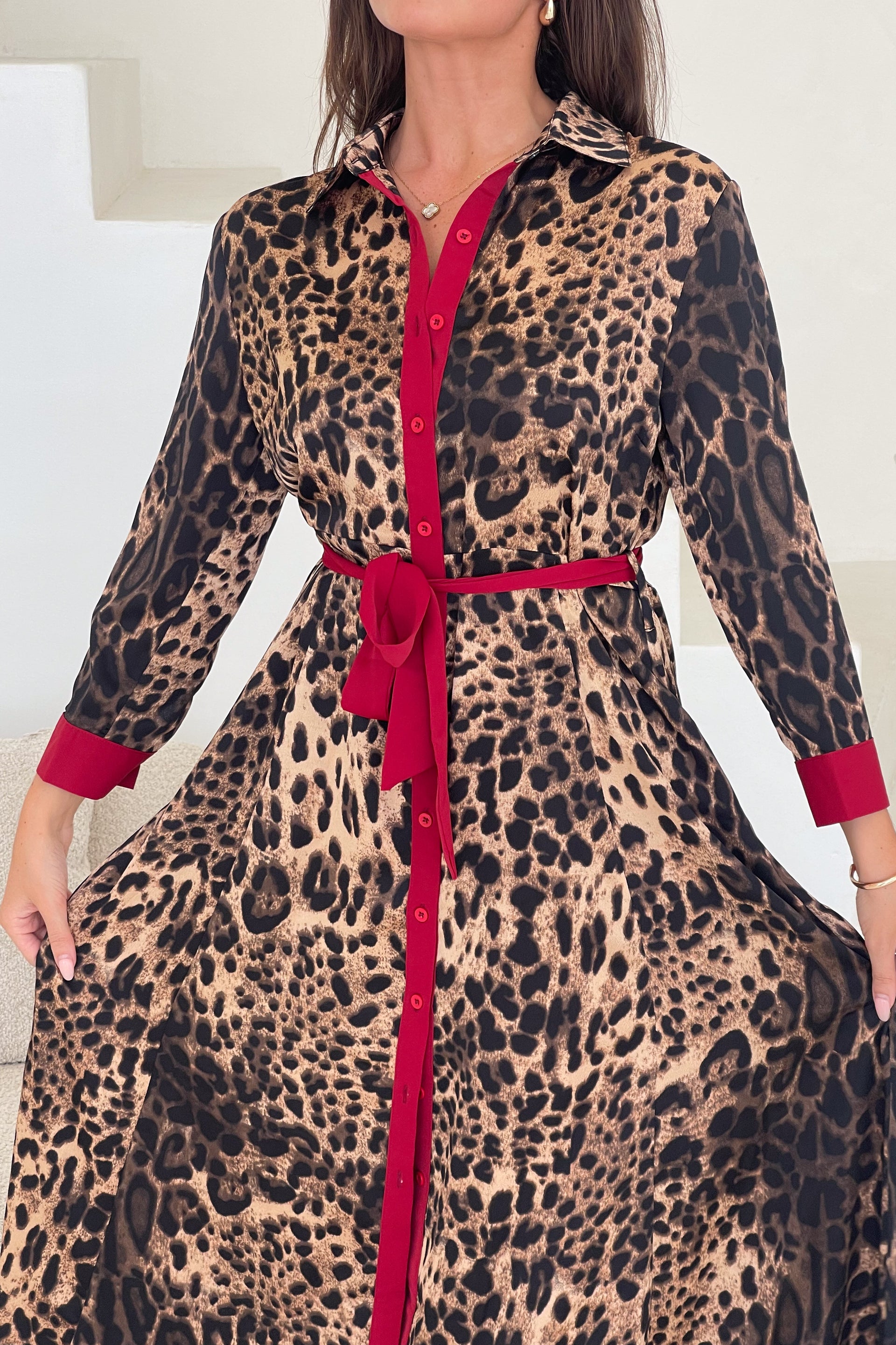 Angela Leopard Print Red Shirt Maxi Dress