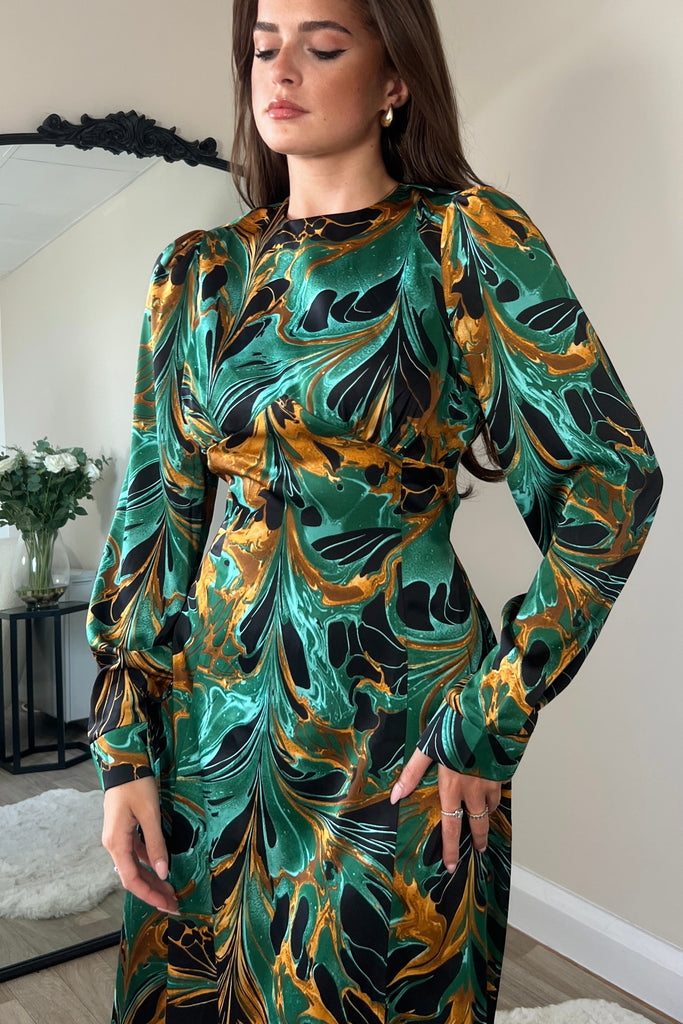 Cass Green Print Long Sleeve Midi Dress Girl In Mind