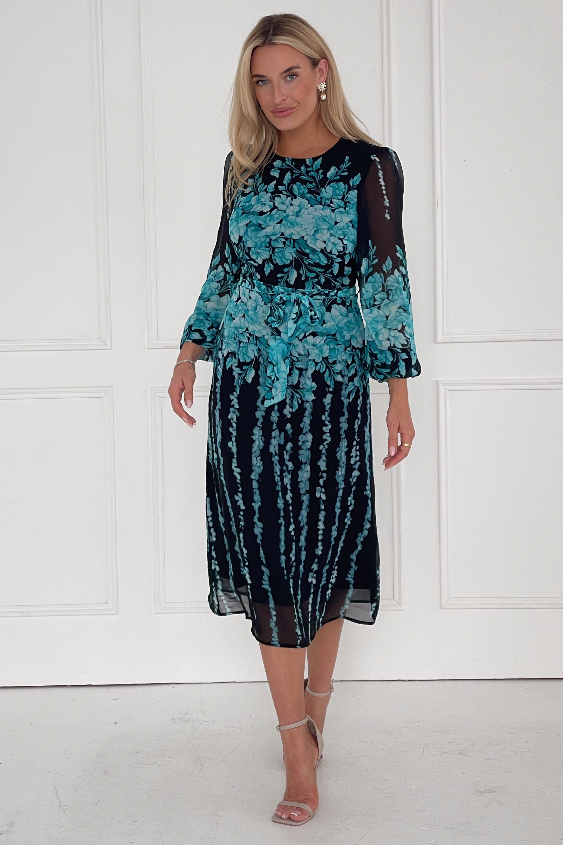 Harlow Blue Floral Belted Long Sleeve Midi Dress