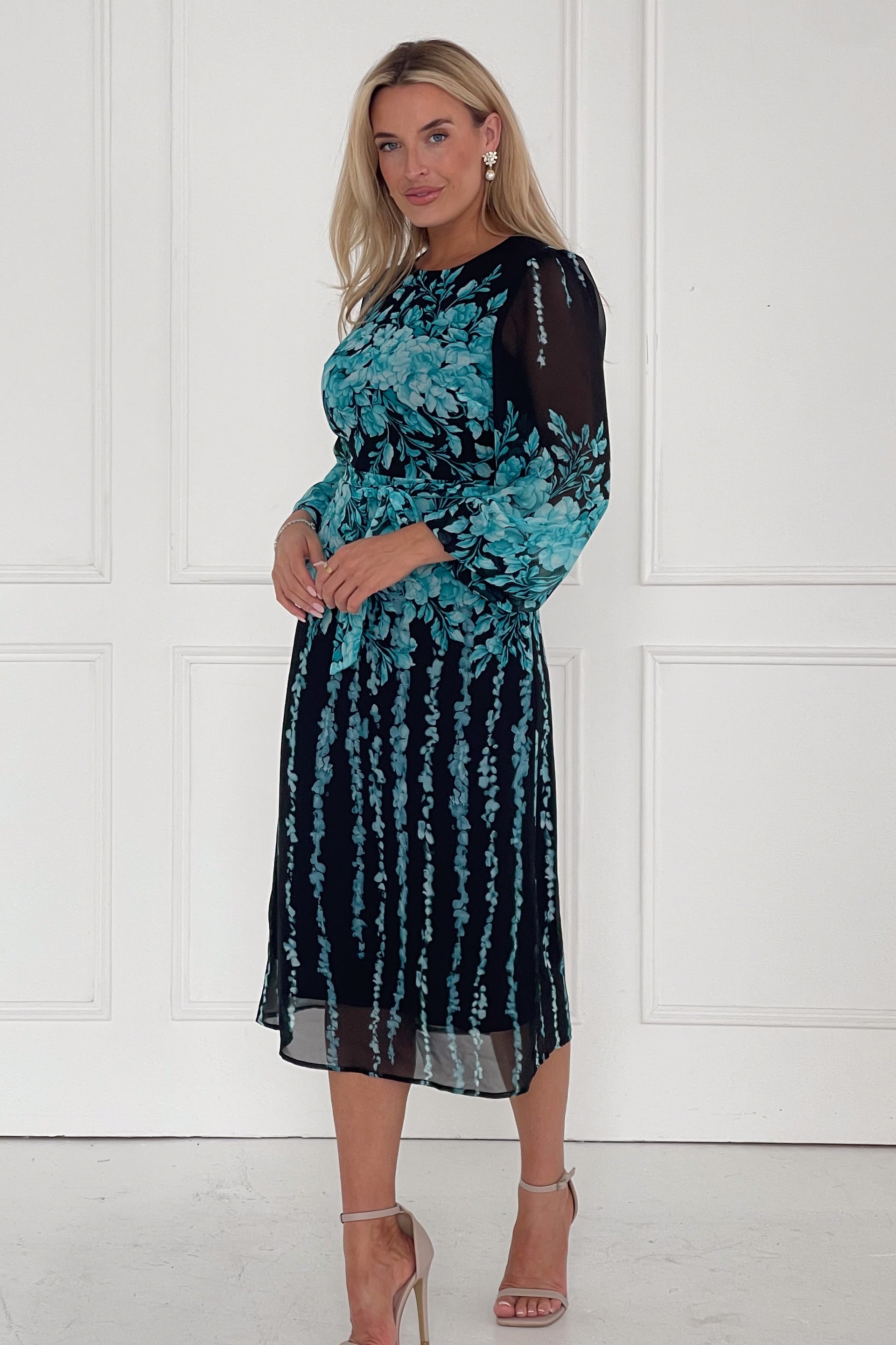 Harlow Blue Floral Belted Long Sleeve Midi Dress