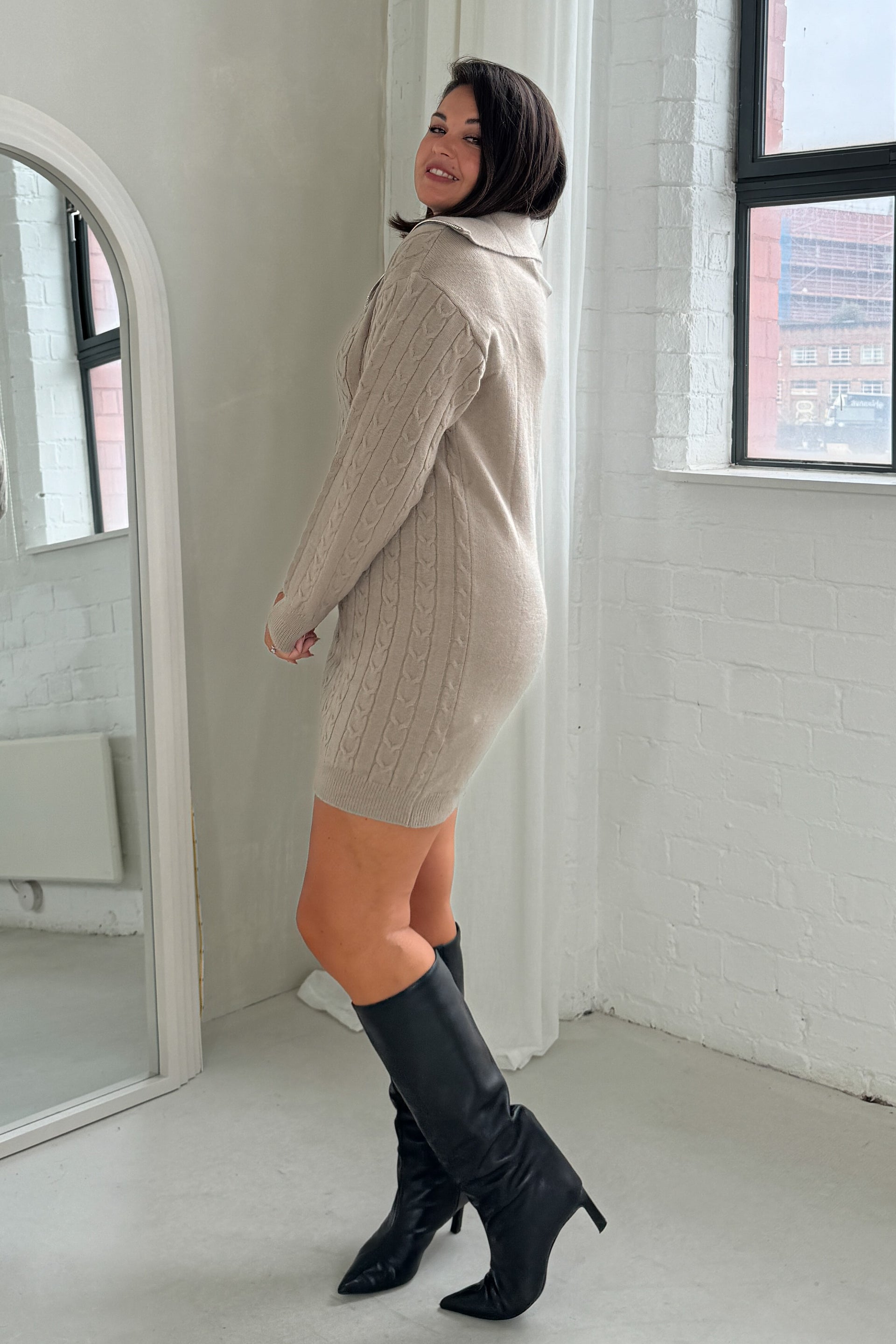Hayes 1/4 Zip Camel Cable Knit Jumper Dress