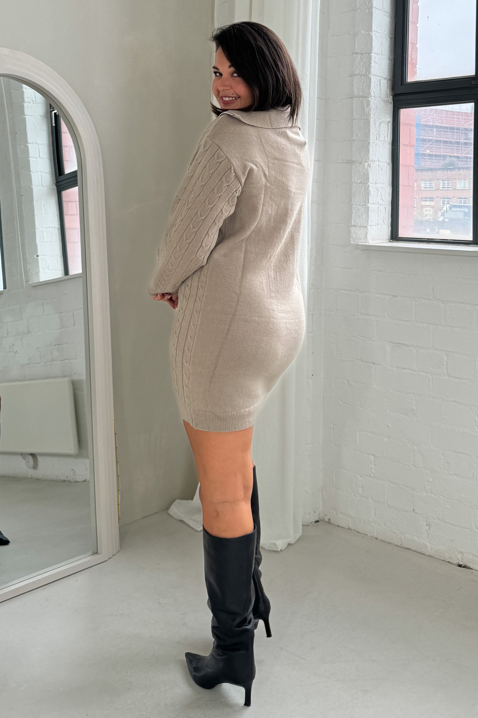 Hayes 1/4 Zip Camel Cable Knit Jumper Dress