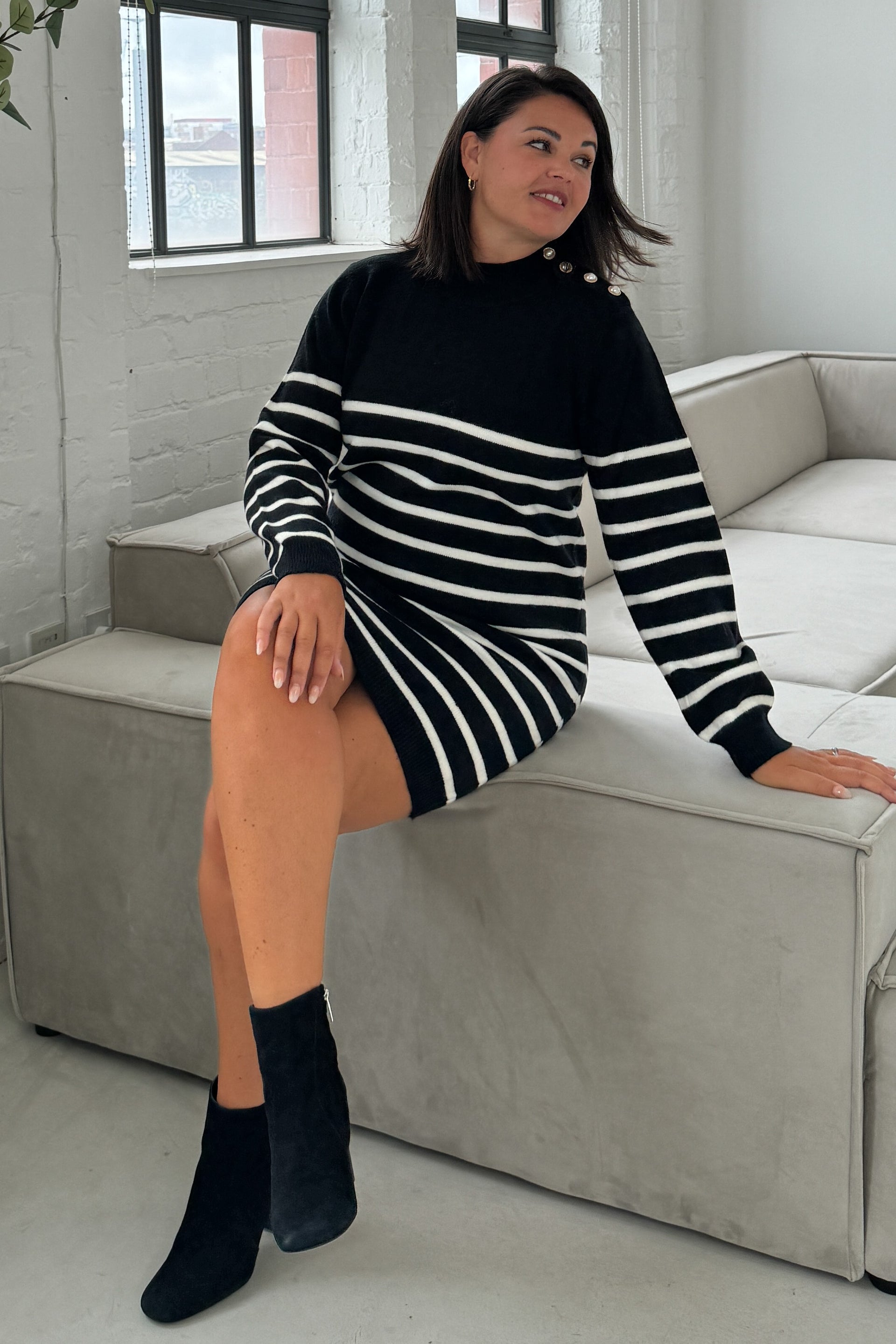 Fallon Black with Cream Stripe Knit Jumper Dress