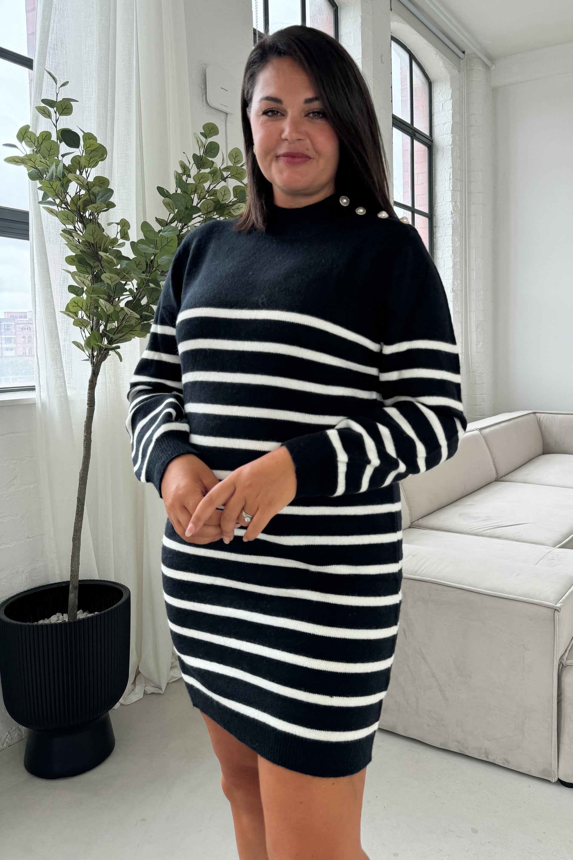Fallon Black with Cream Stripe Knit Jumper Dress