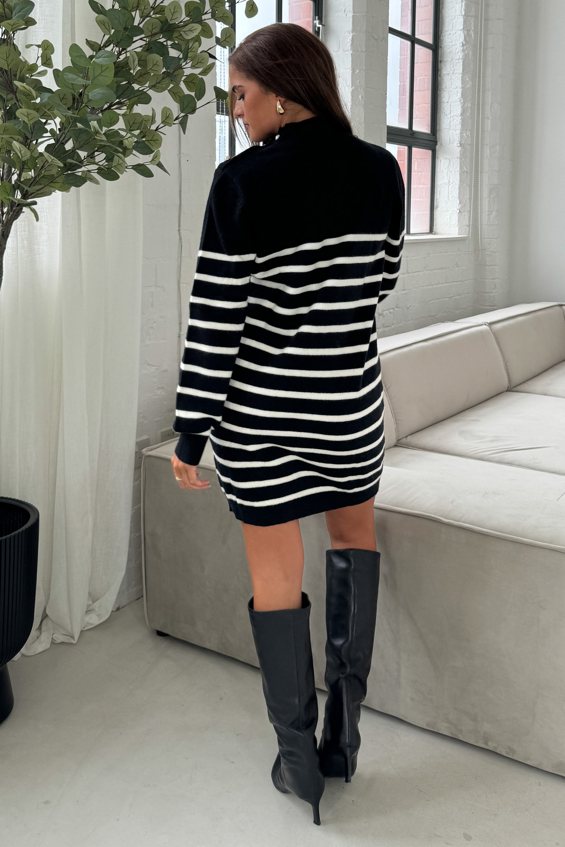 Fallon Black with Cream Stripe Knit Jumper Dress