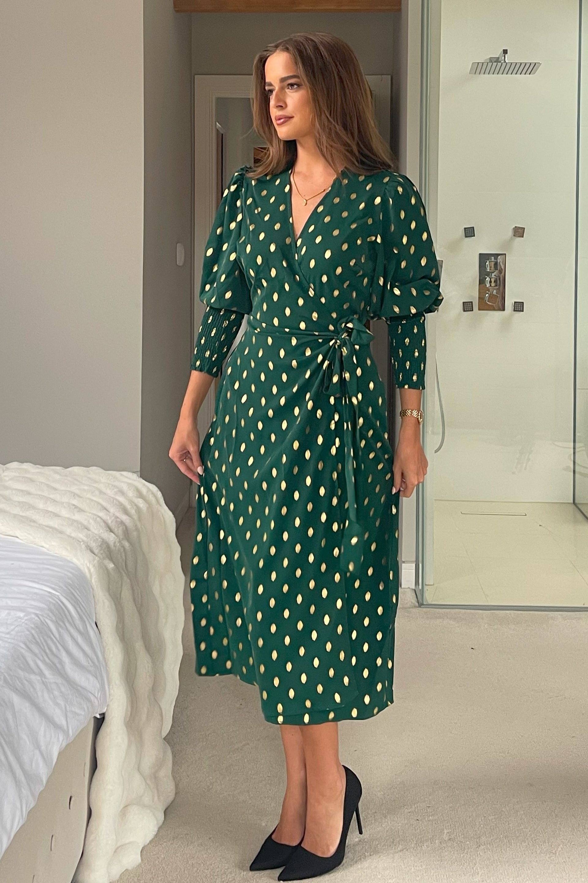 Devina Shirred Cuff Wrap Dress in Green And Gold Foil