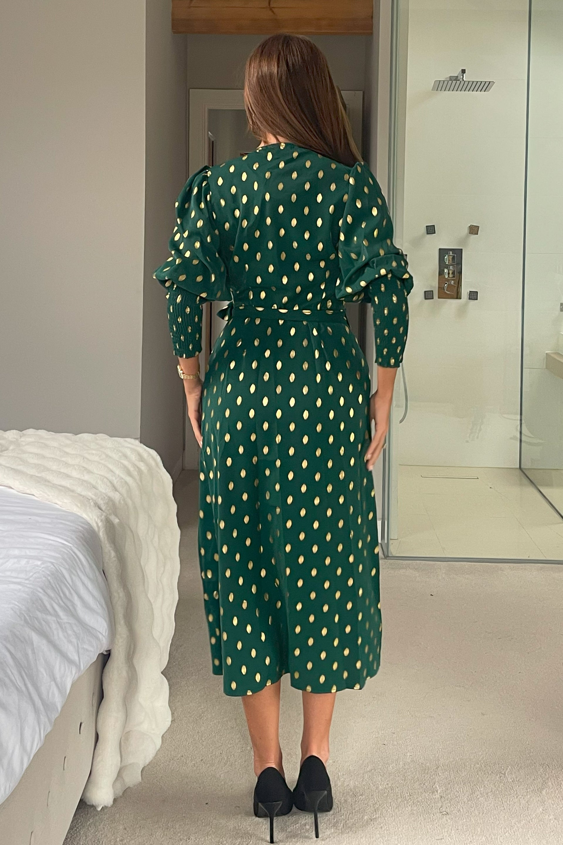 Devina Shirred Cuff Wrap Dress in Green And Gold Foil