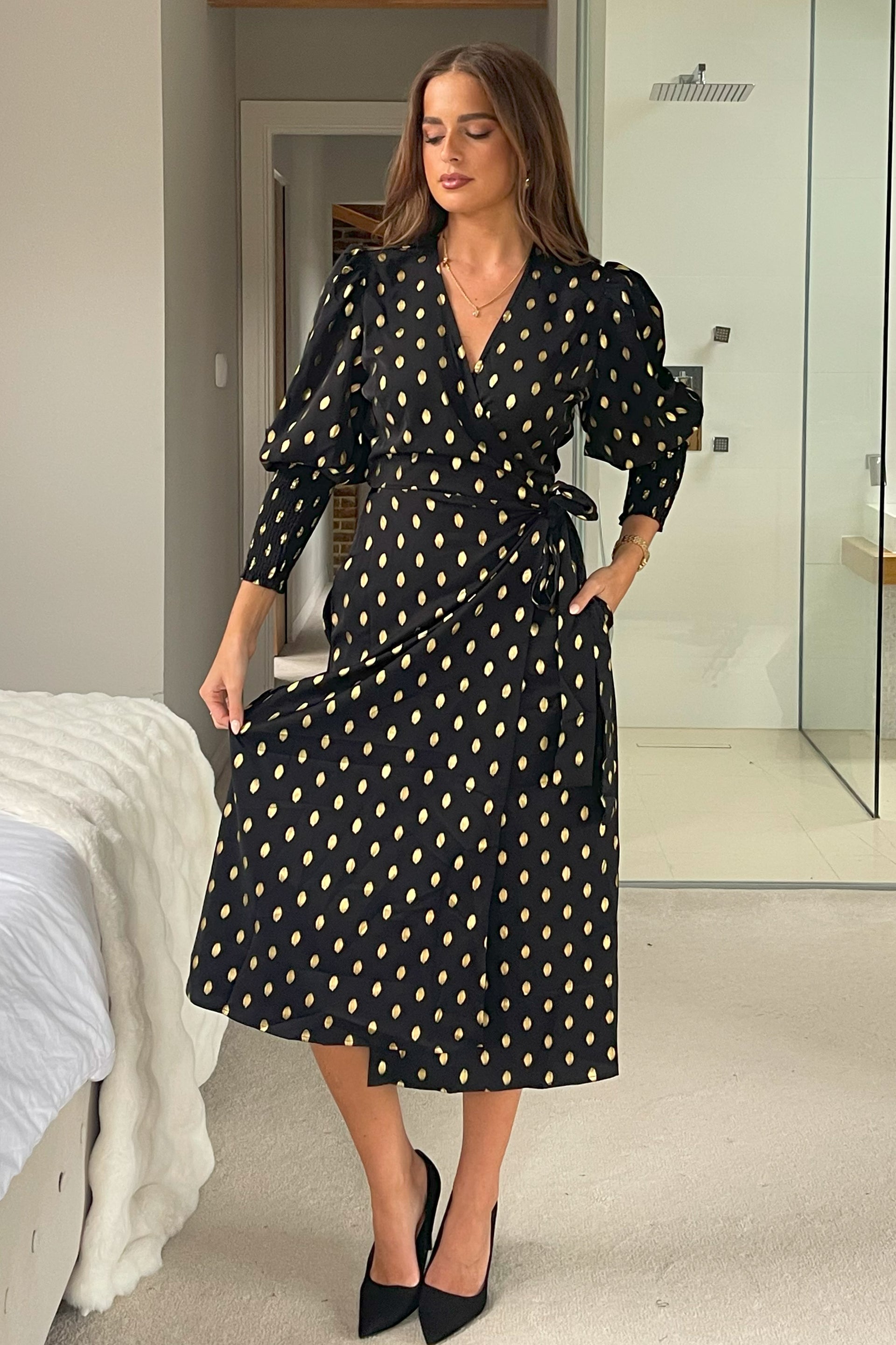 Devina Shirred Cuff Wrap Dress In Black And Gold Foil
