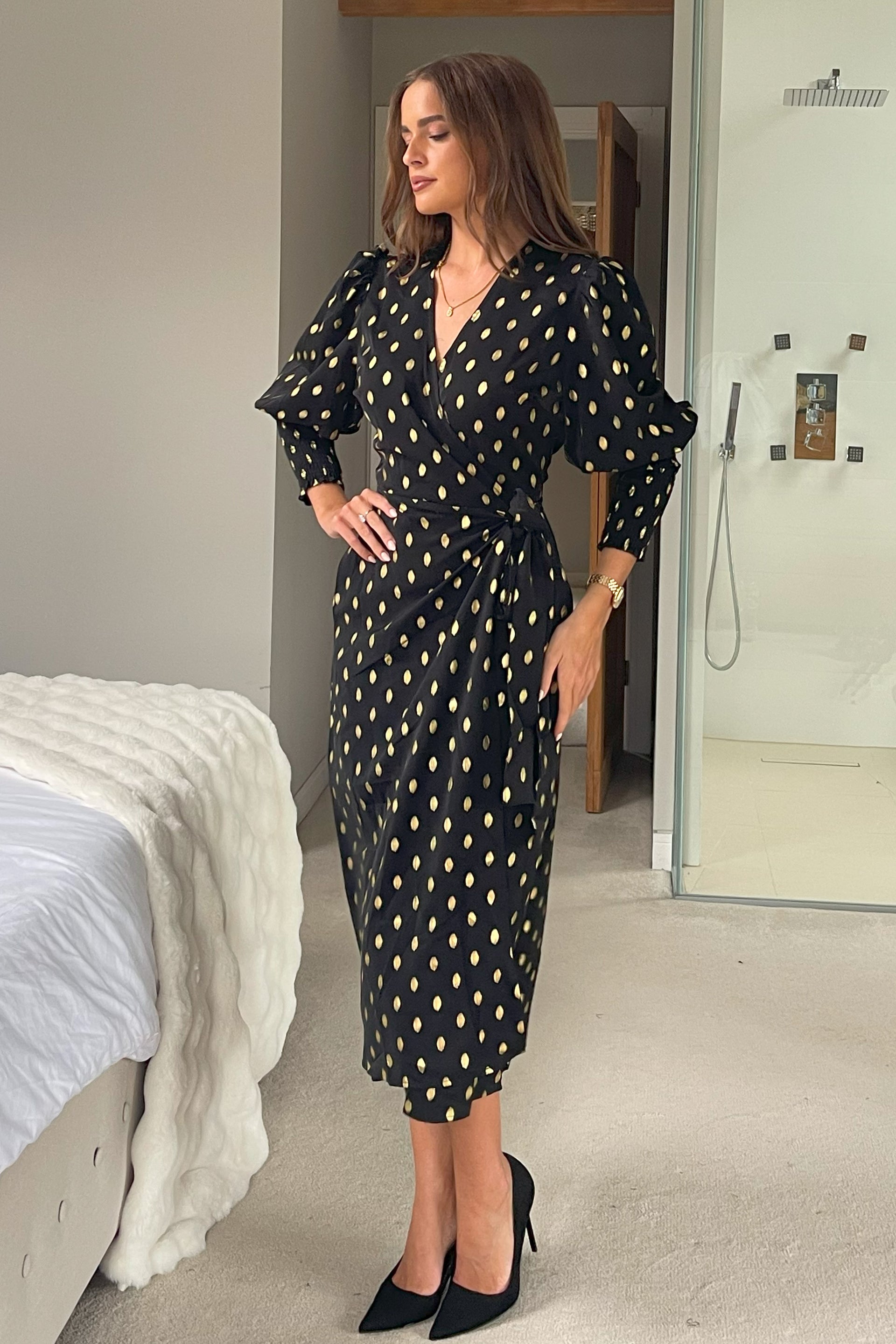 Devina Shirred Cuff Wrap Dress In Black And Gold Foil