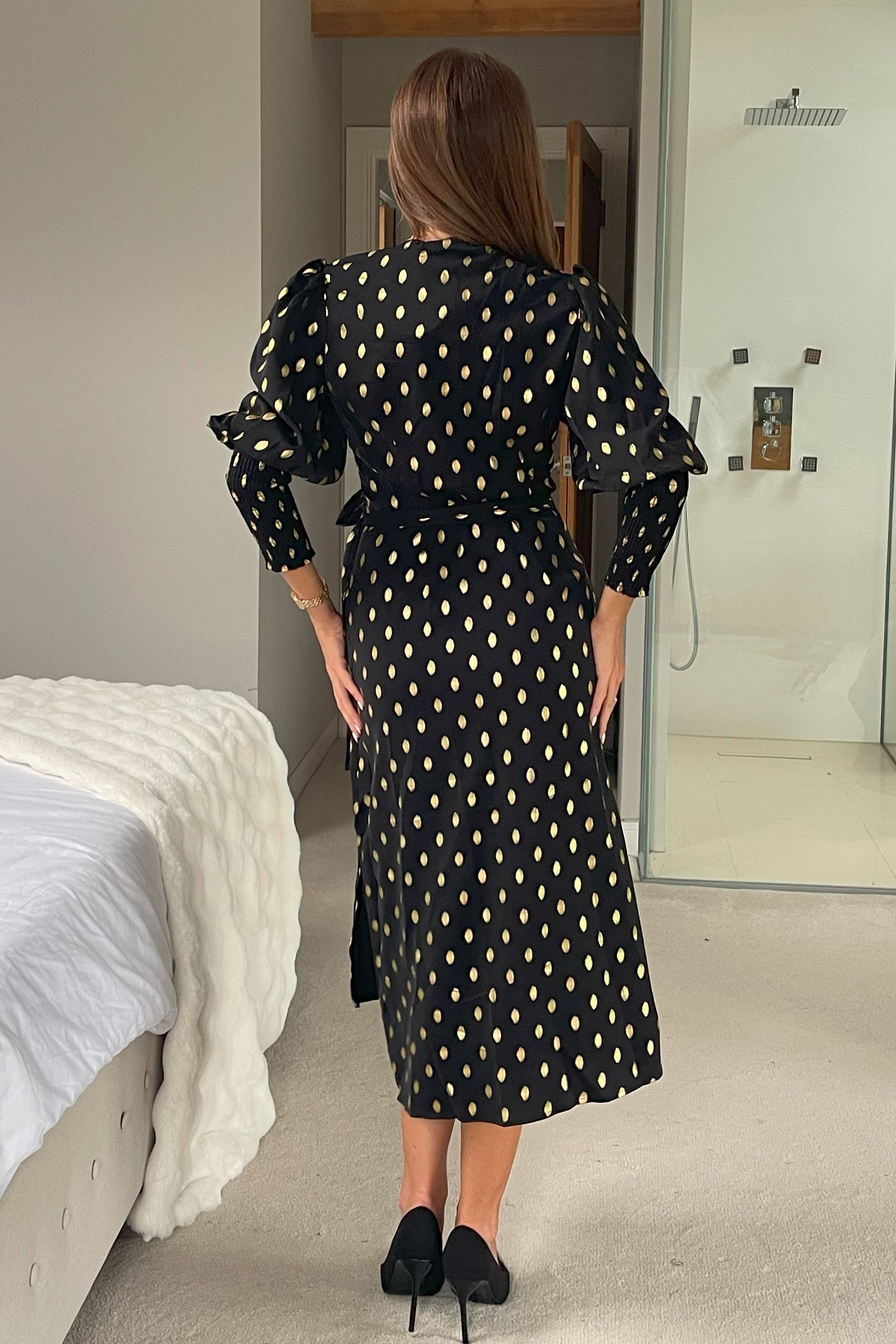 Devina Shirred Cuff Wrap Dress In Black And Gold Foil