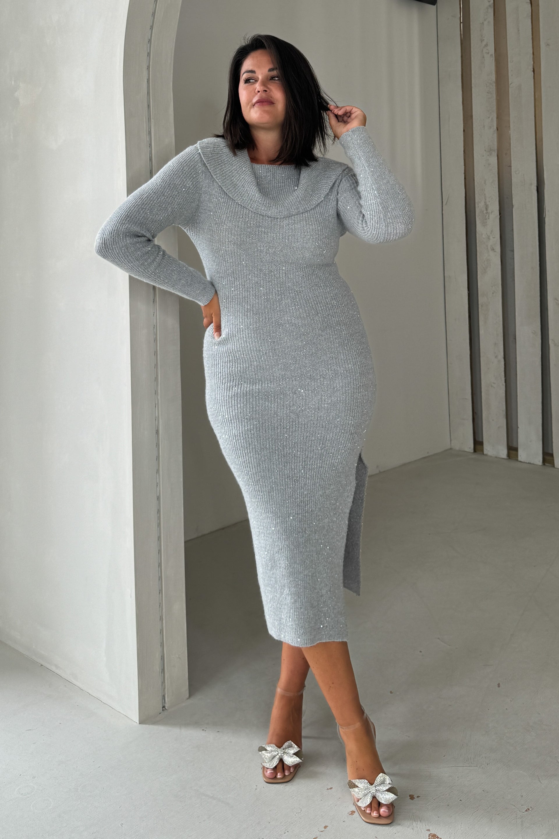 Brea Knitted Sequin Bardot Midi Dress Grey