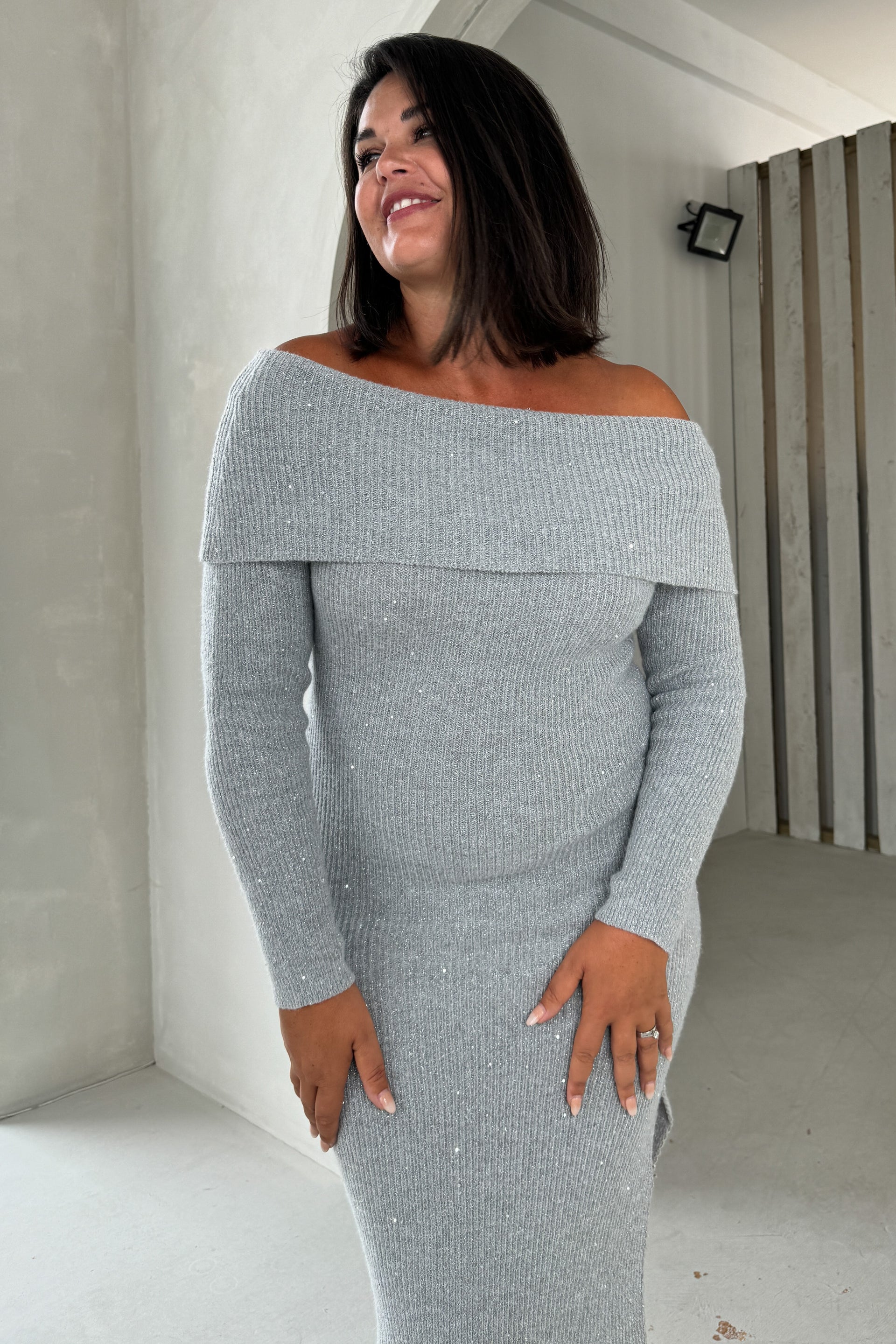 Brea Knitted Sequin Bardot Midi Dress Grey