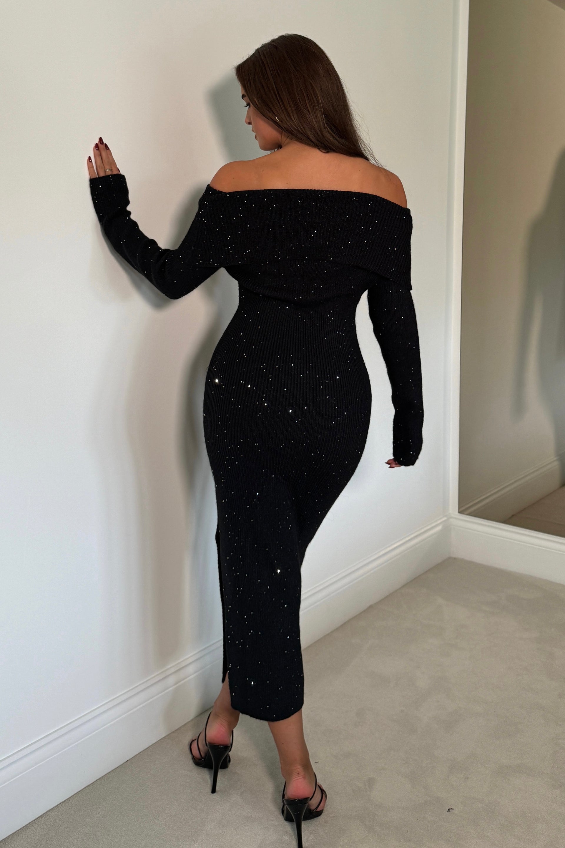 Brea Knitted Sequin Bardot Midi Dress Black