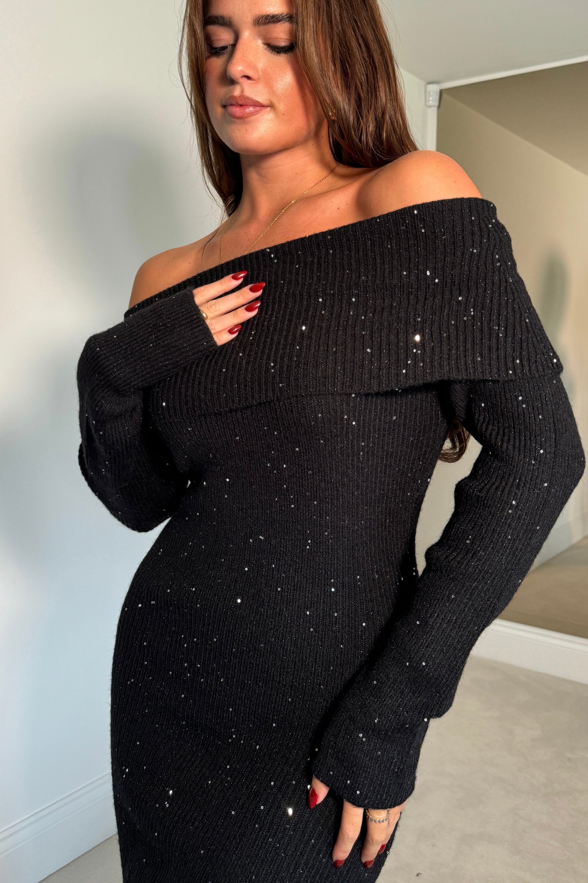 Brea Knitted Sequin Bardot Midi Dress Black
