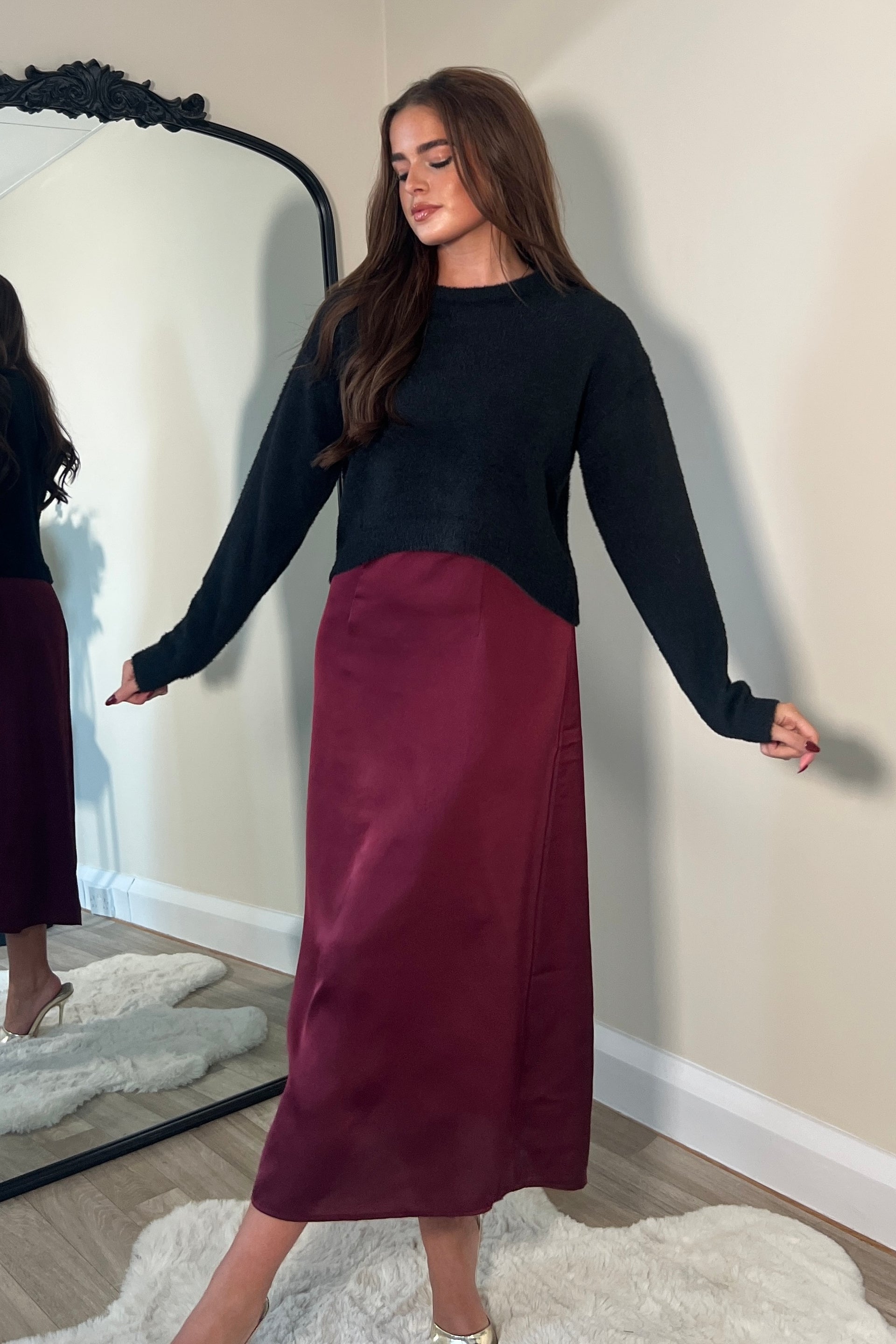 Ayesha Jumper And Satin Slip Dress Set Wine