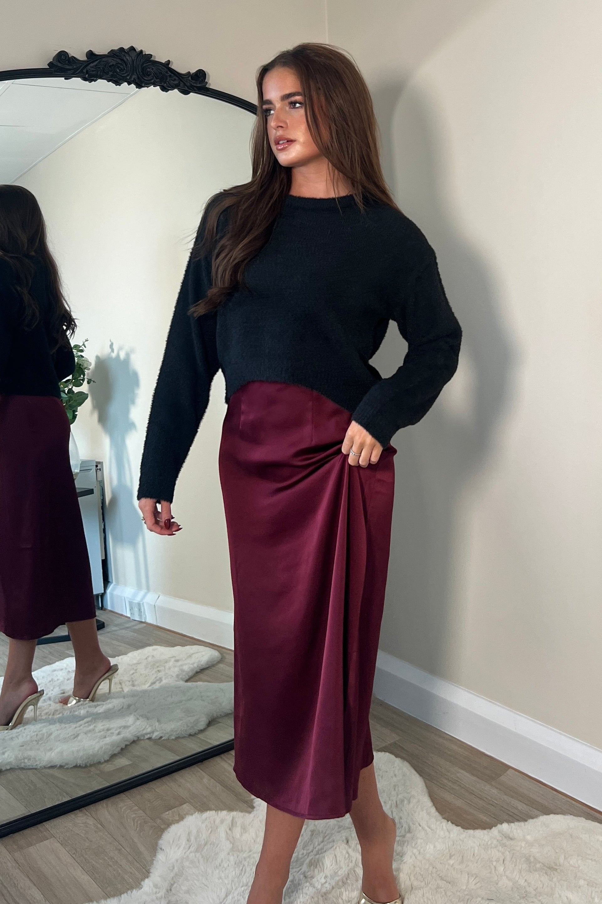 Ayesha Jumper And Satin Slip Dress Set Wine