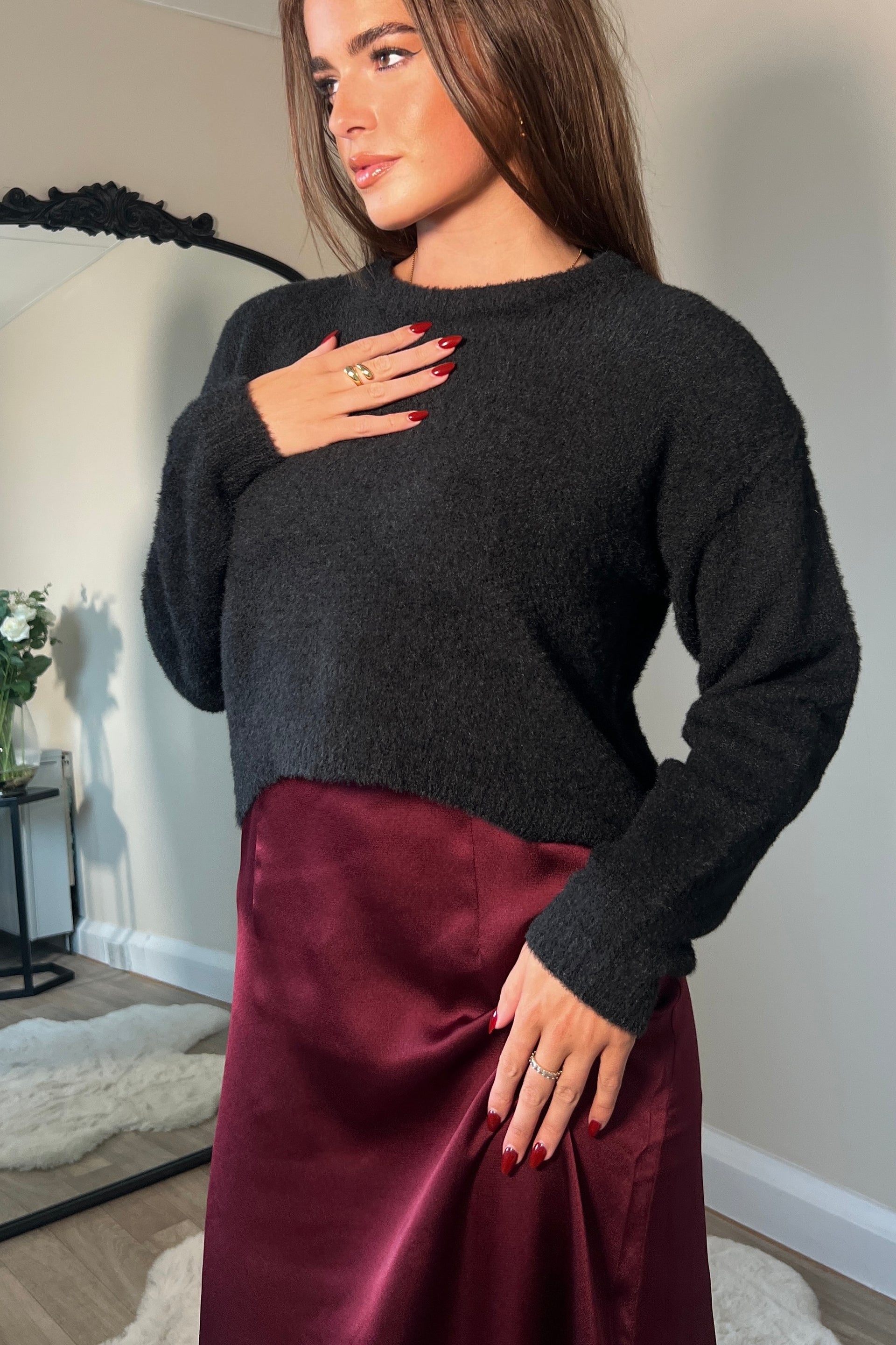 Ayesha Jumper And Satin Slip Dress Set Wine