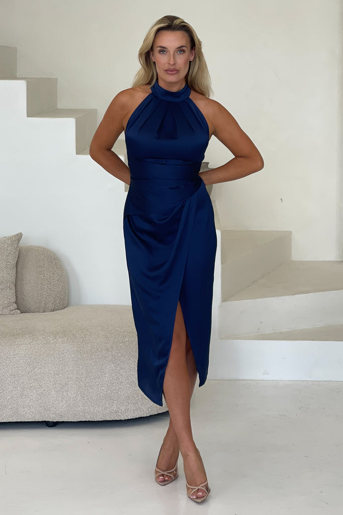navy blue halter midi dress Buy Navy Blue Textured Satin Halter Sleeveless Midi Dress from Next USA
