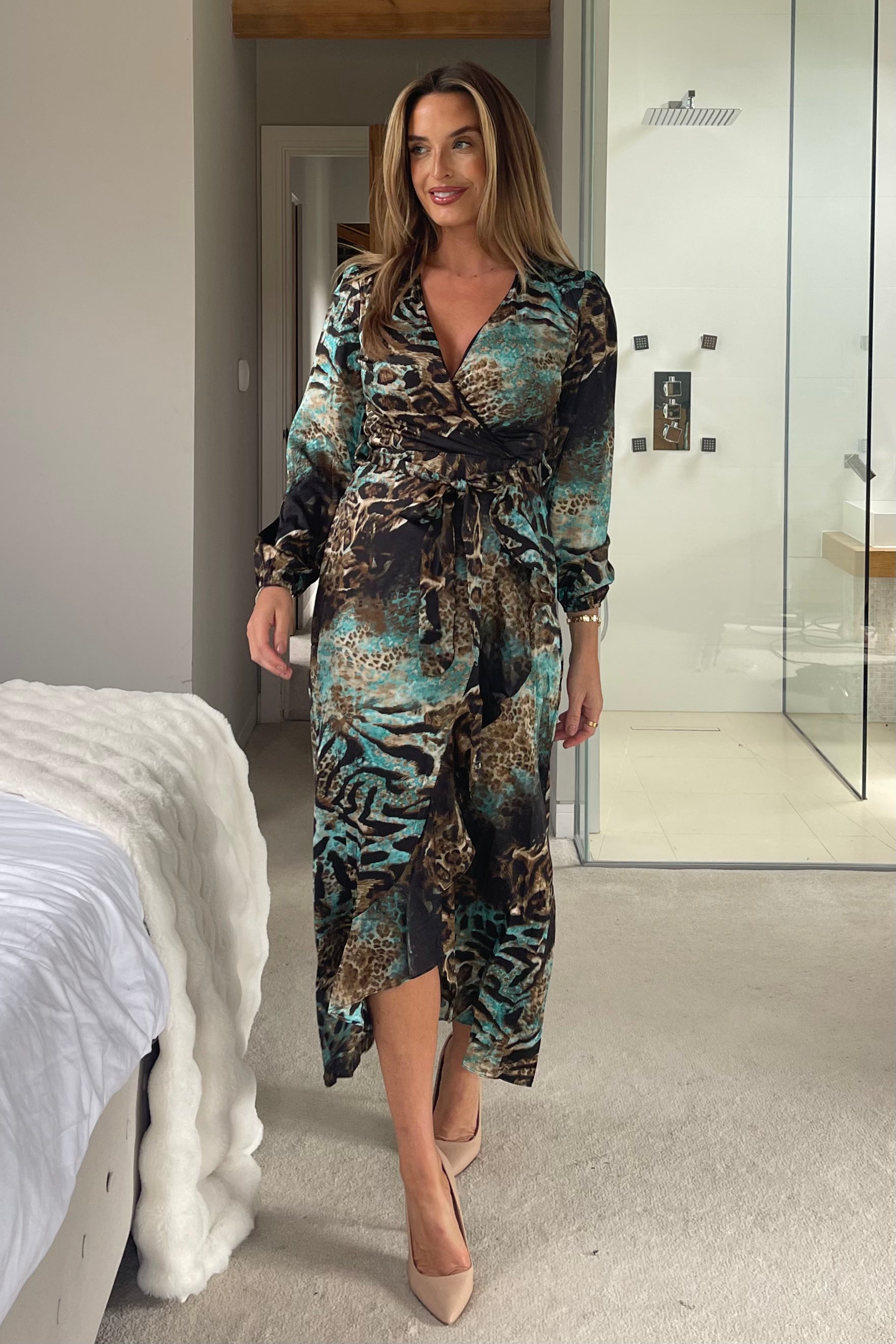 Erin Frill Hem Animal Print Midi Dress