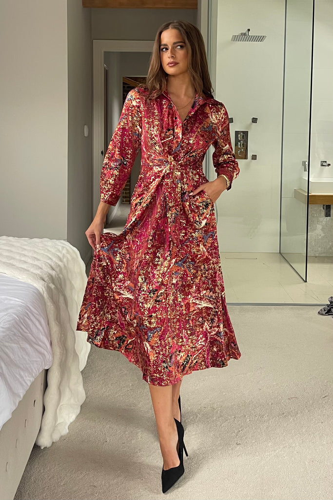 Isabella Foiled Print Tie Front Midi Dress Pink – Girl In Mind