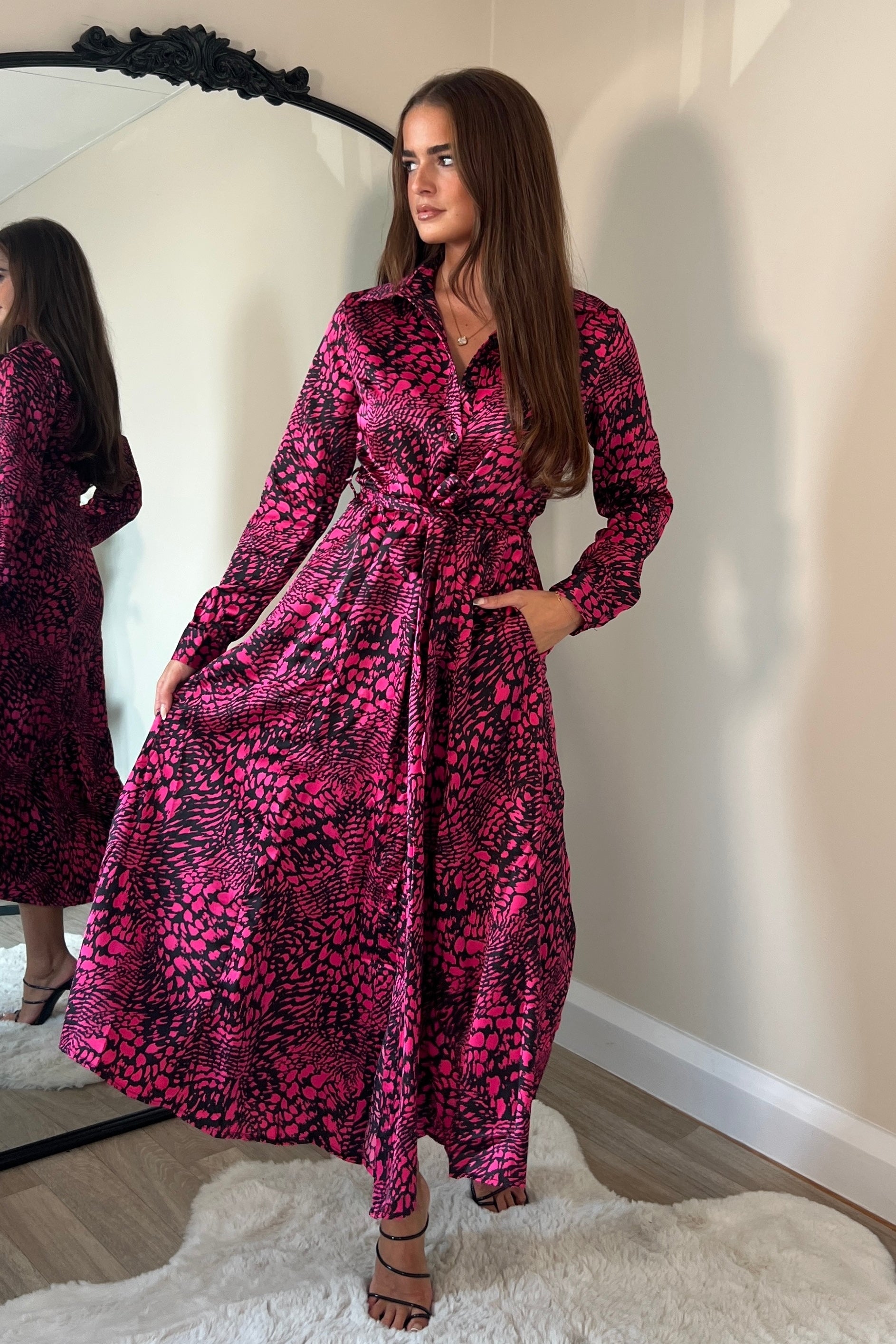 Brielle Long Sleeve Shirt Dress Pink Animal Print