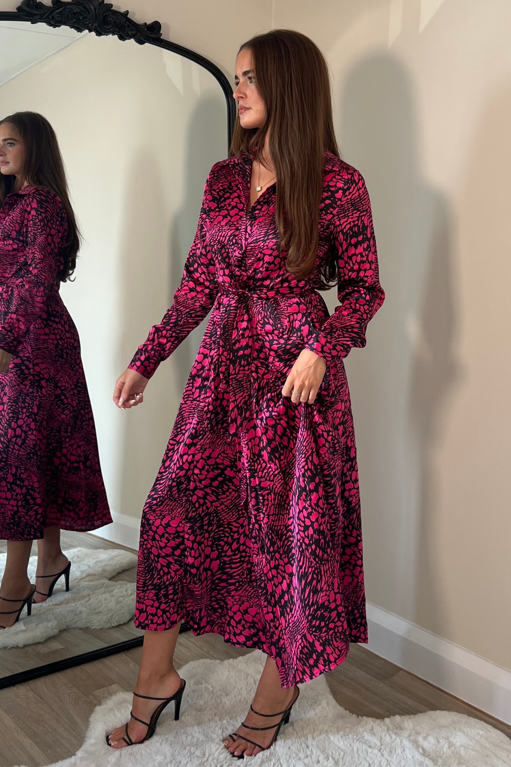 Brielle Long Sleeve Shirt Dress Pink Animal Print