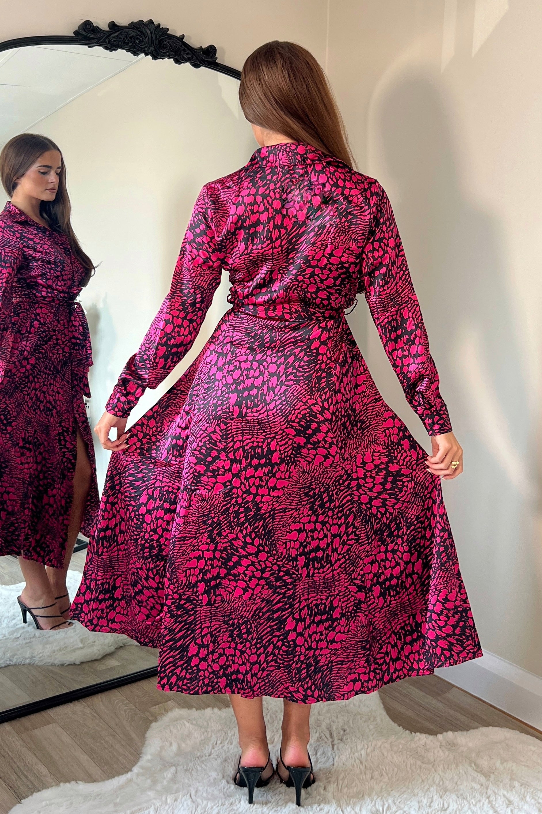 Brielle Long Sleeve Shirt Dress Pink Animal Print