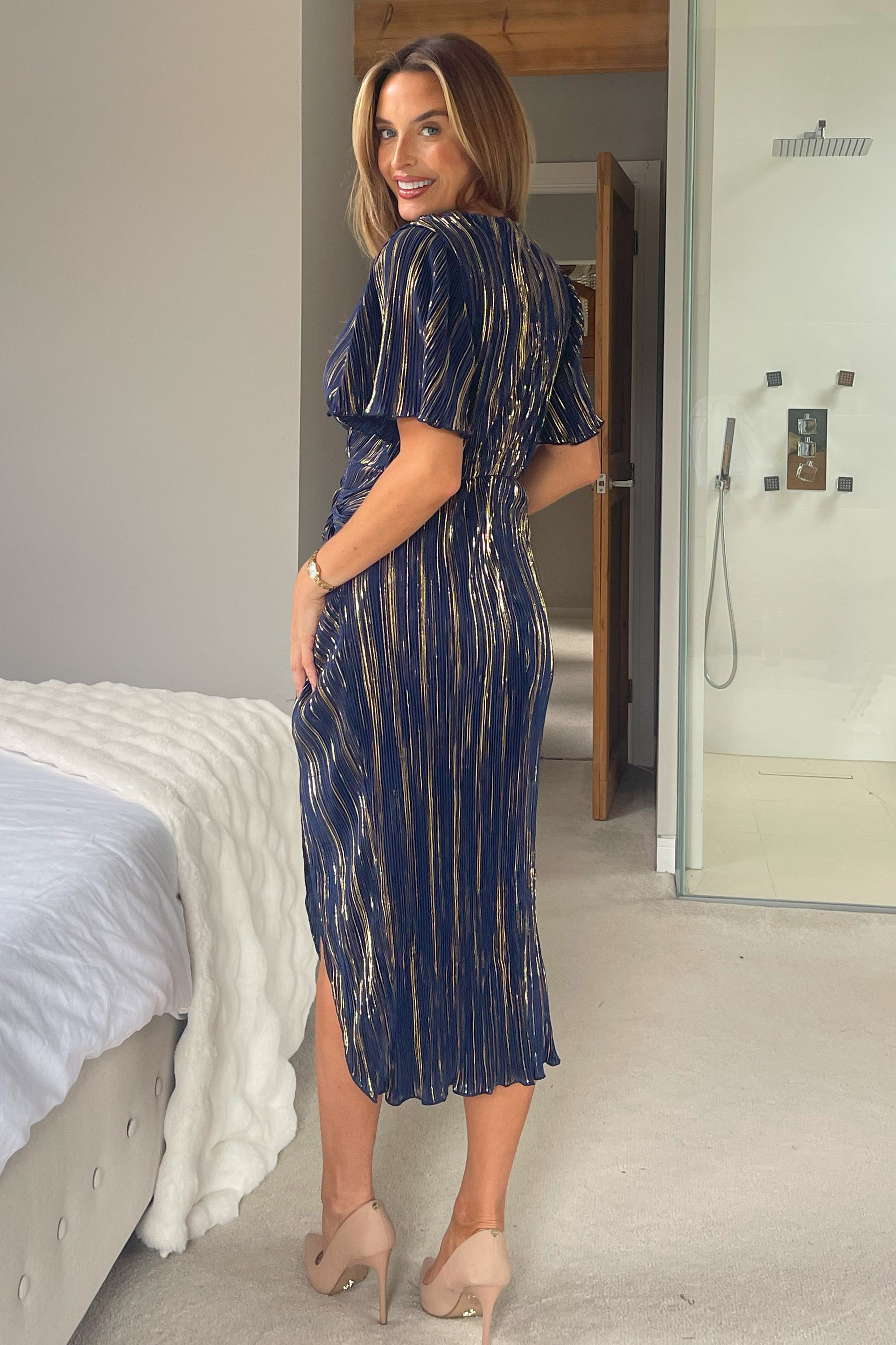 Isla Navy And Gold Plisse Wrap Front Dress