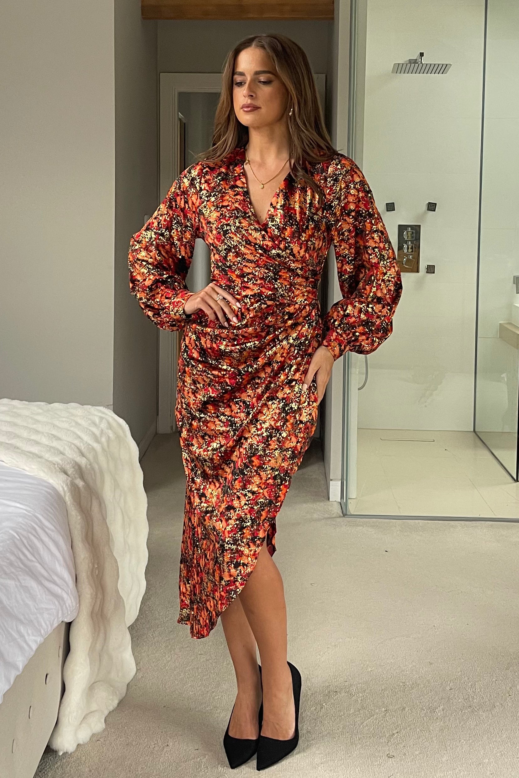 Elsa Foiled Print Long Sleeve Assymetric Dress