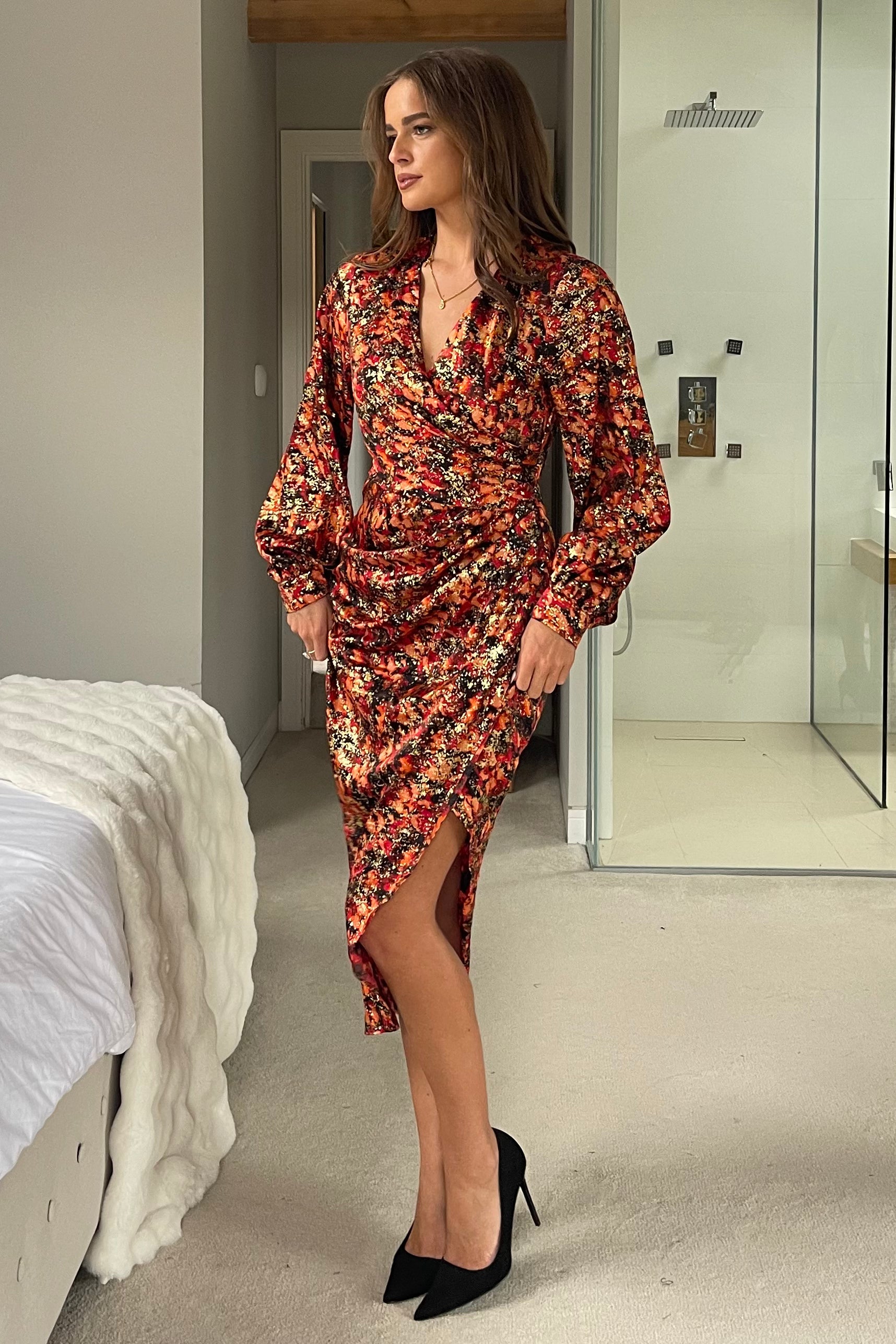 Elsa Foiled Print Long Sleeve Assymetric Dress