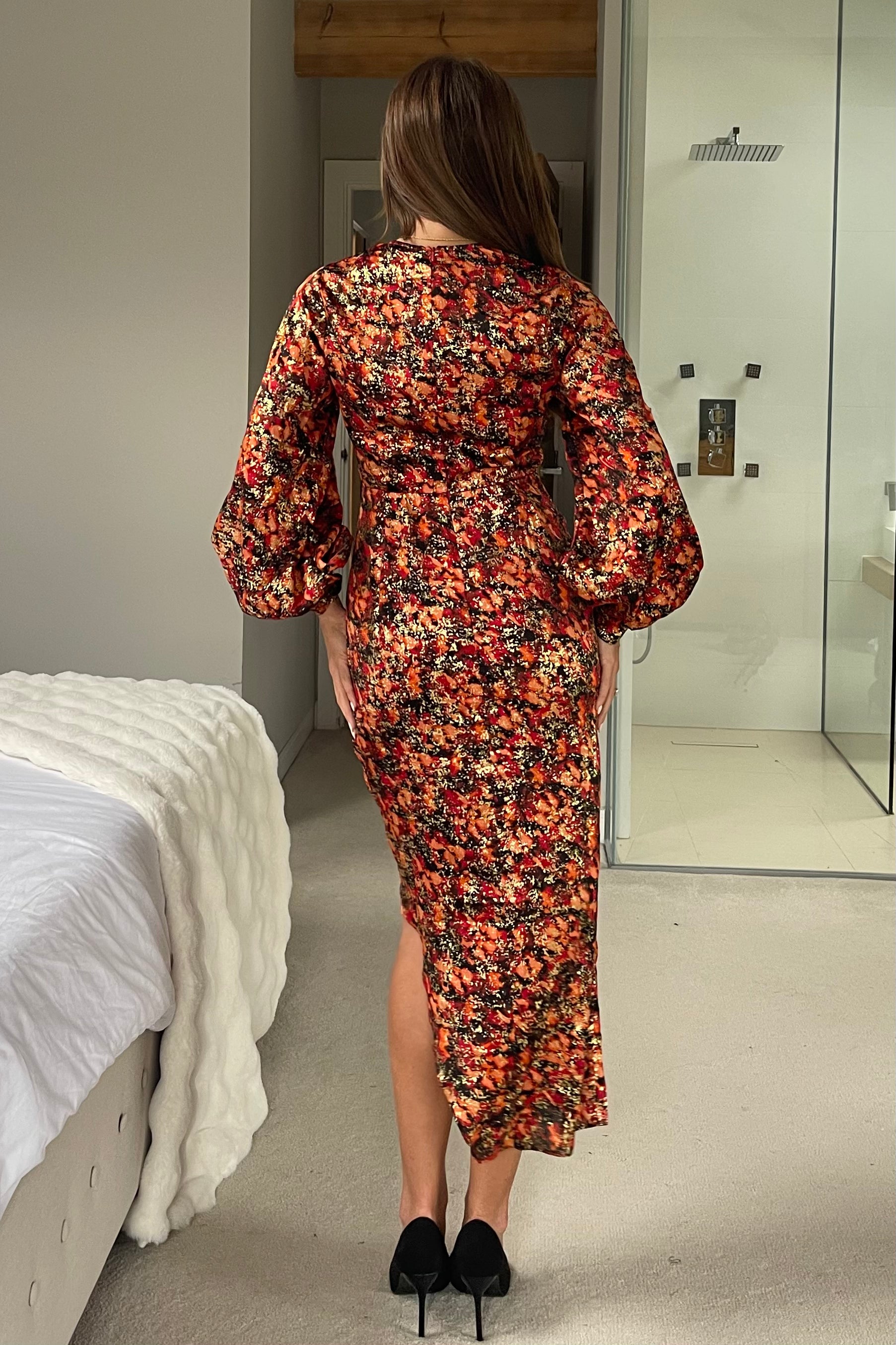 Elsa Foiled Print Long Sleeve Assymetric Dress