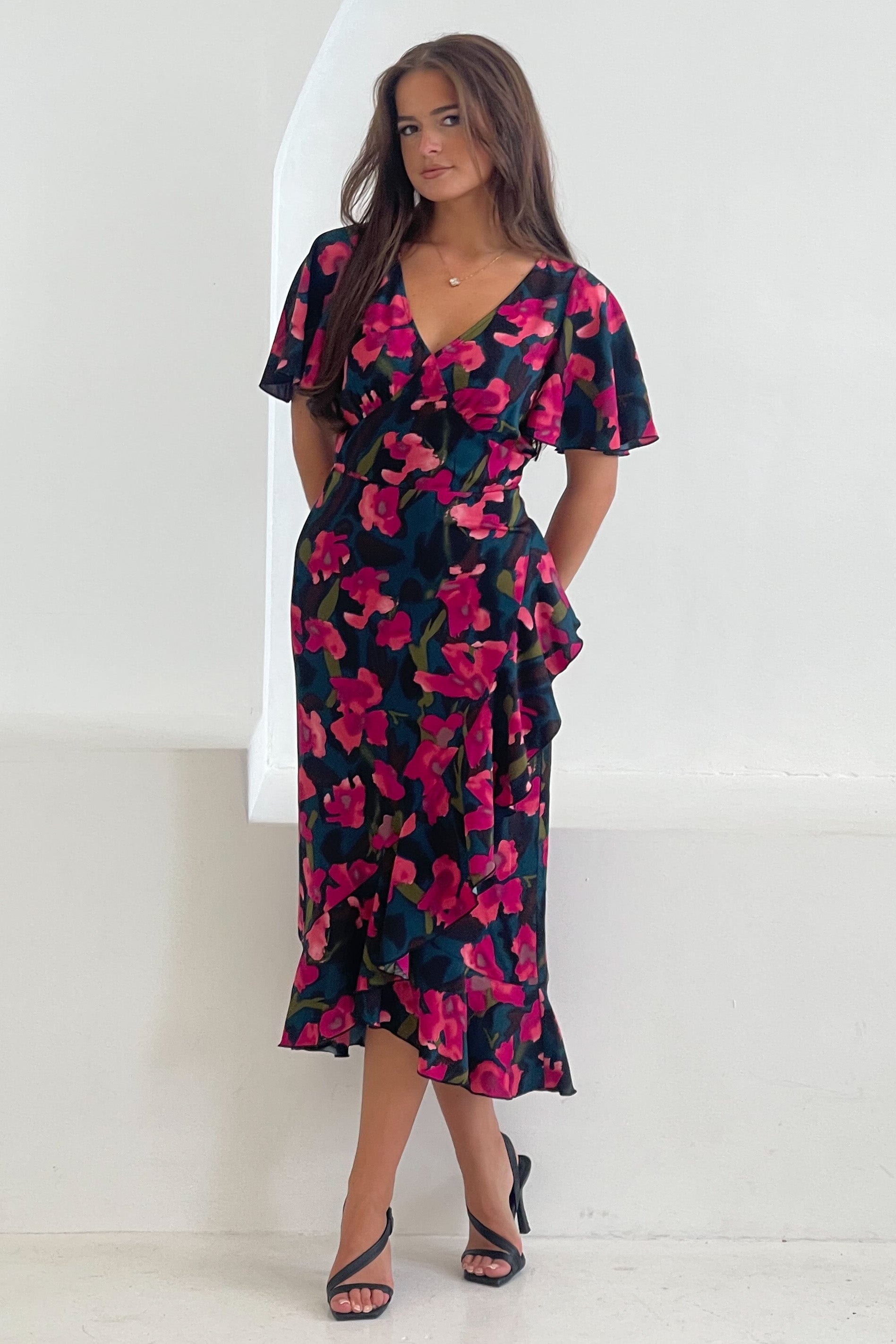 Yara Floral V Neck Frill Midi Dress