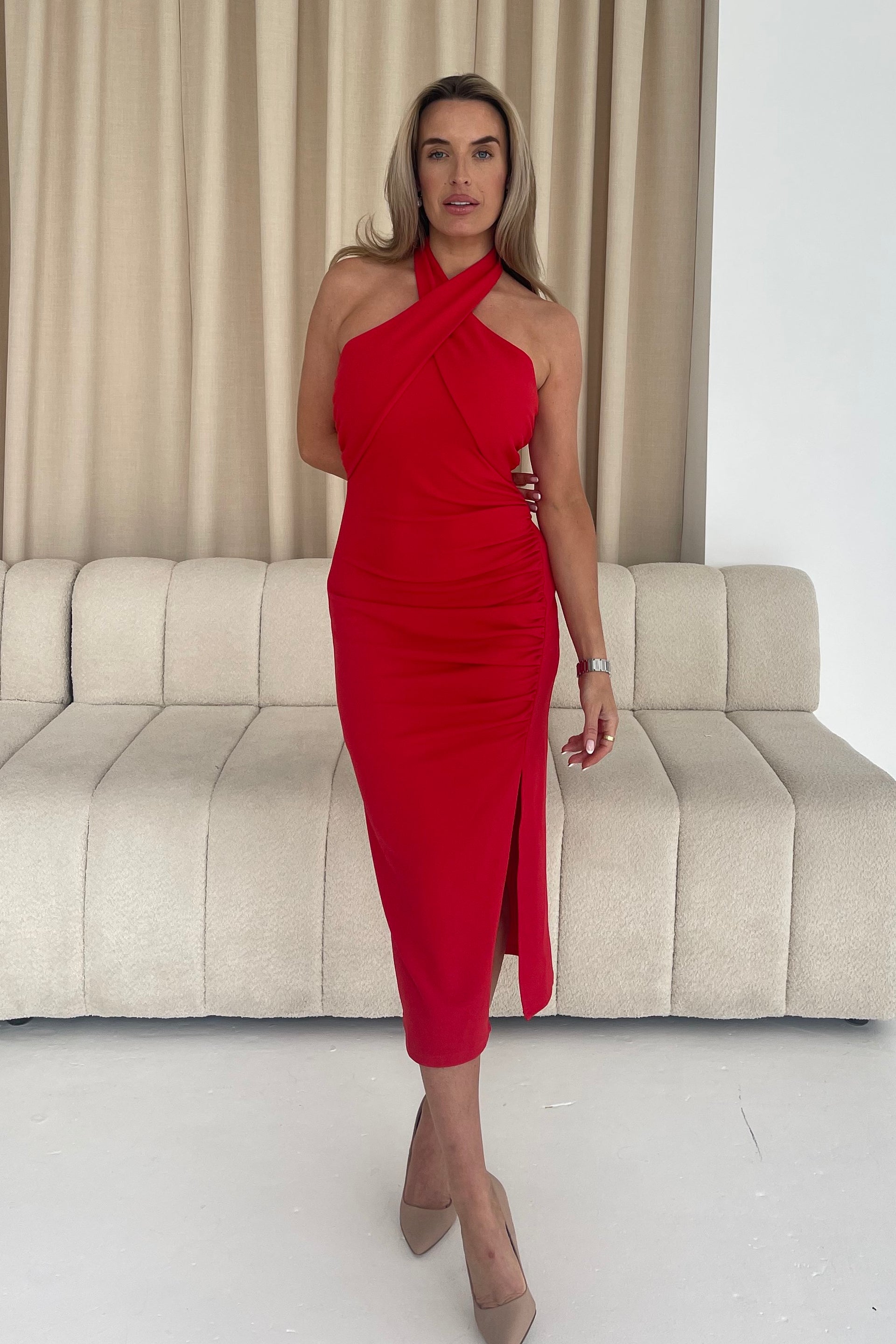 Bessie Halter Neck Side Split Midi Dress Bright Red