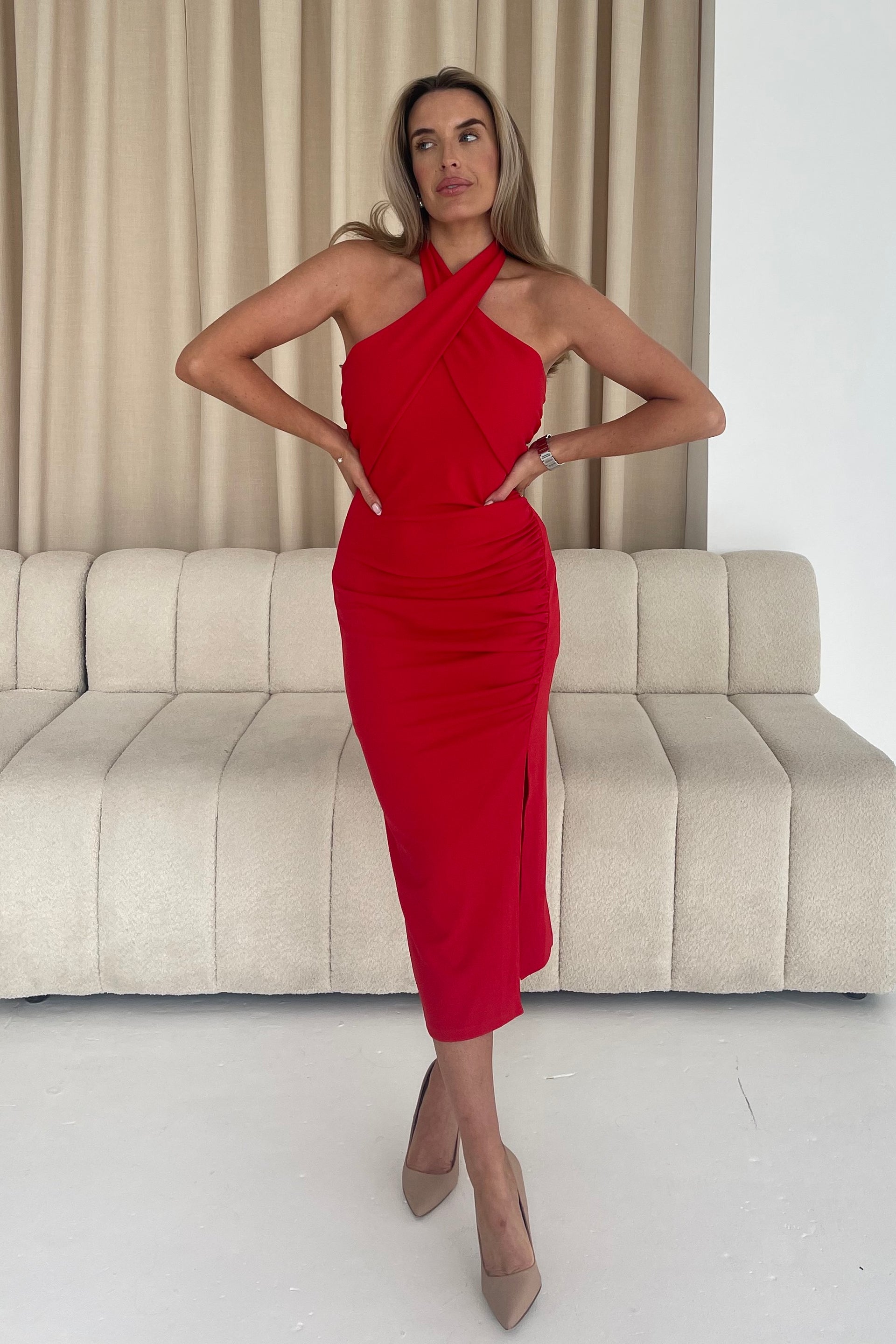 Bessie Halter Neck Side Split Midi Dress Bright Red