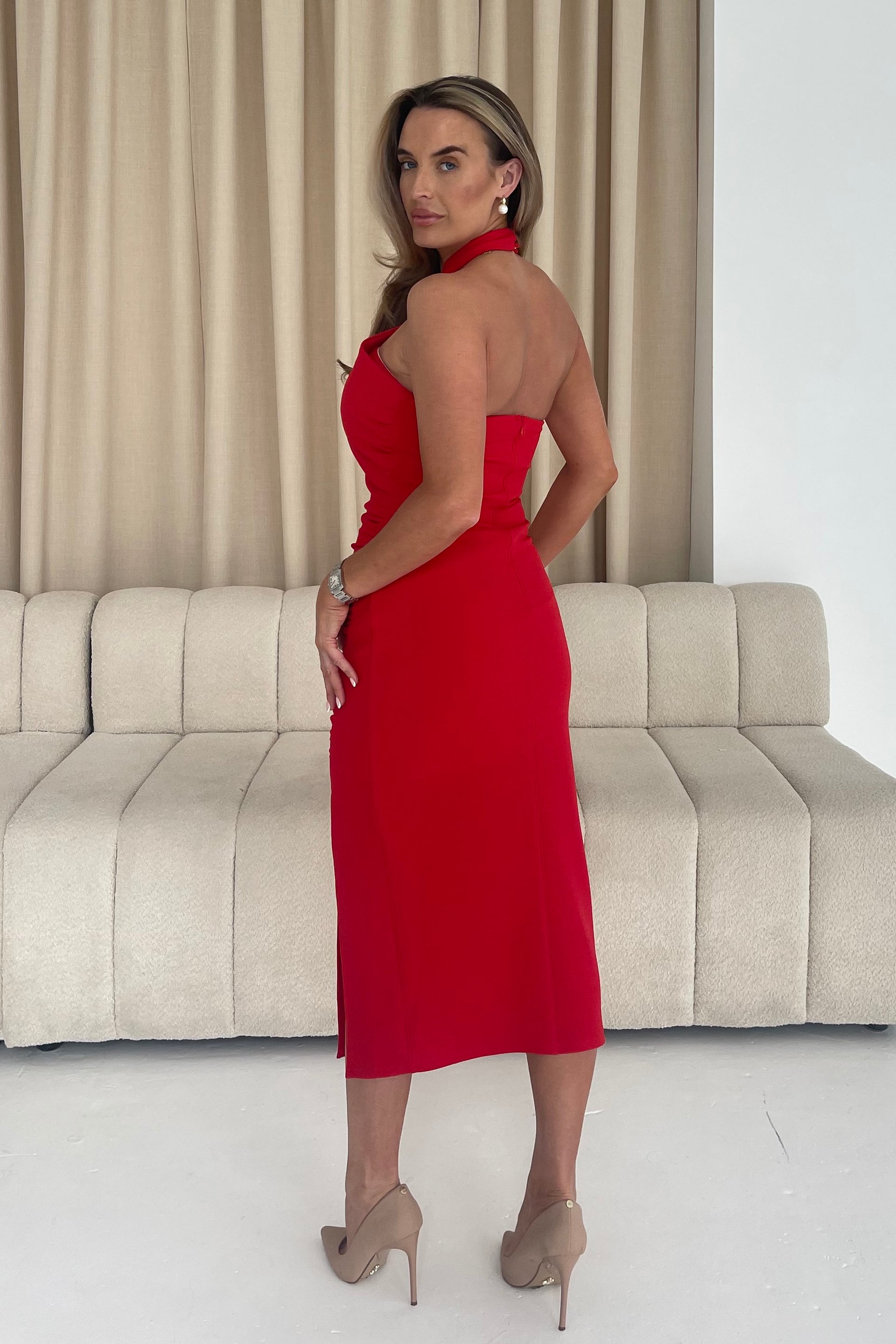 Bessie Halter Neck Side Split Midi Dress Bright Red