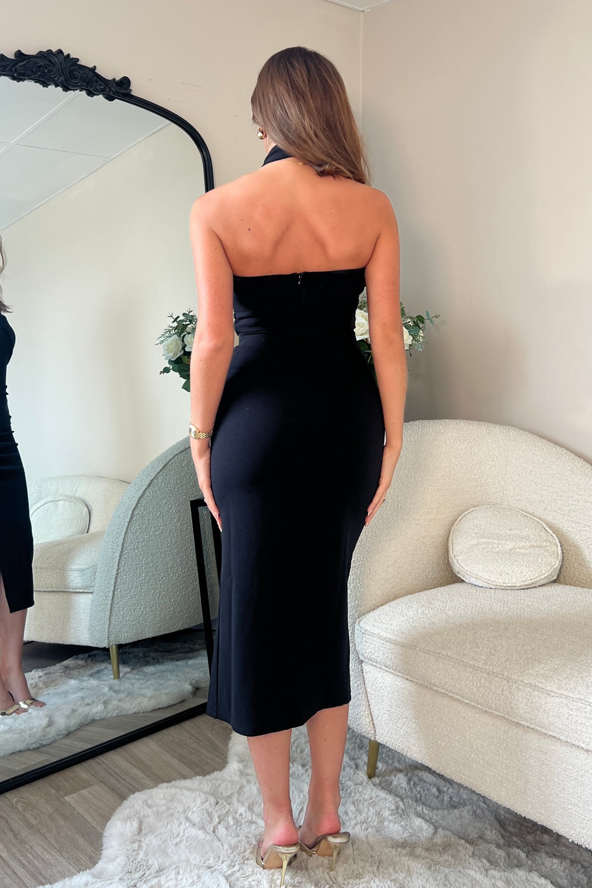 Bessie Halter Neck Black Side Split Midi Dress