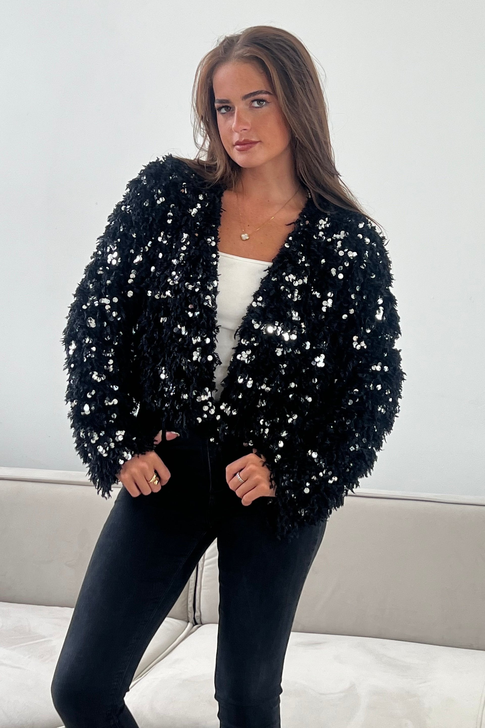 Lynn Sequin Cropped Cardigan Black