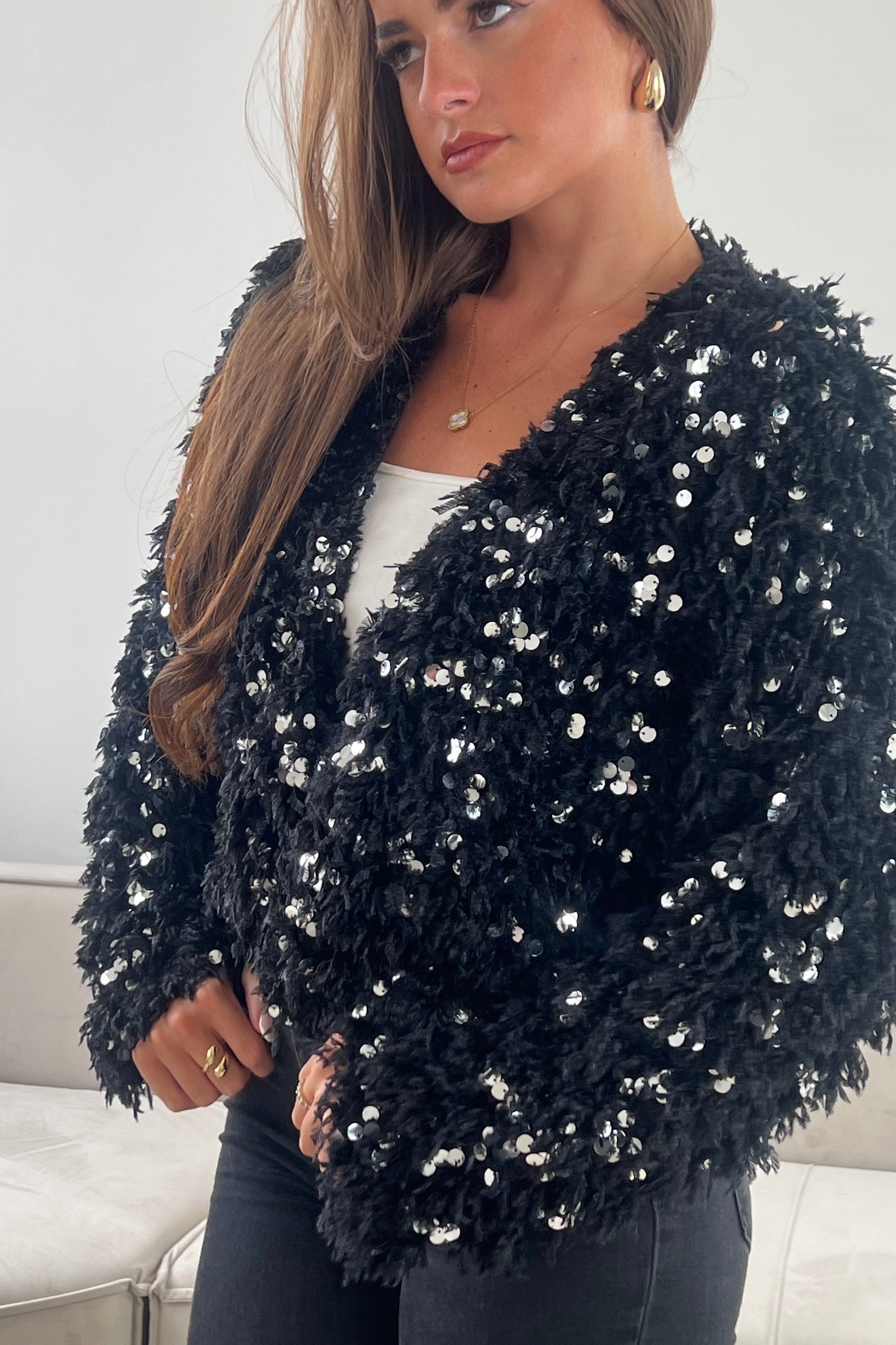 Lynn Sequin Cropped Cardigan Black