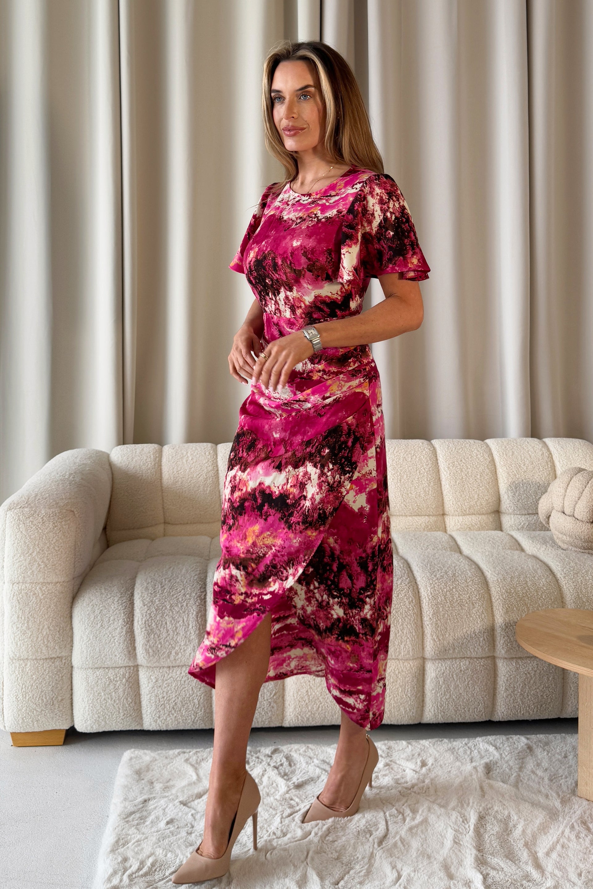 Lucia Wrap Skirt Pink Marble Print Midi Dress