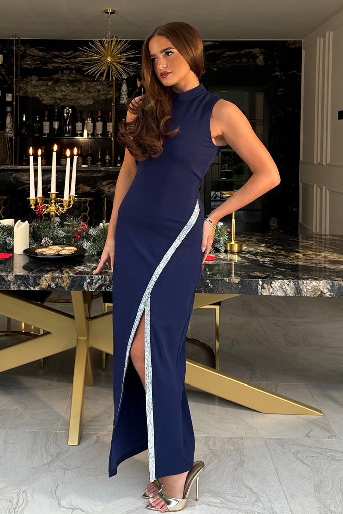 Thalia High Neck Maxi With Crystal Split Detail Navy – Girl In Mind