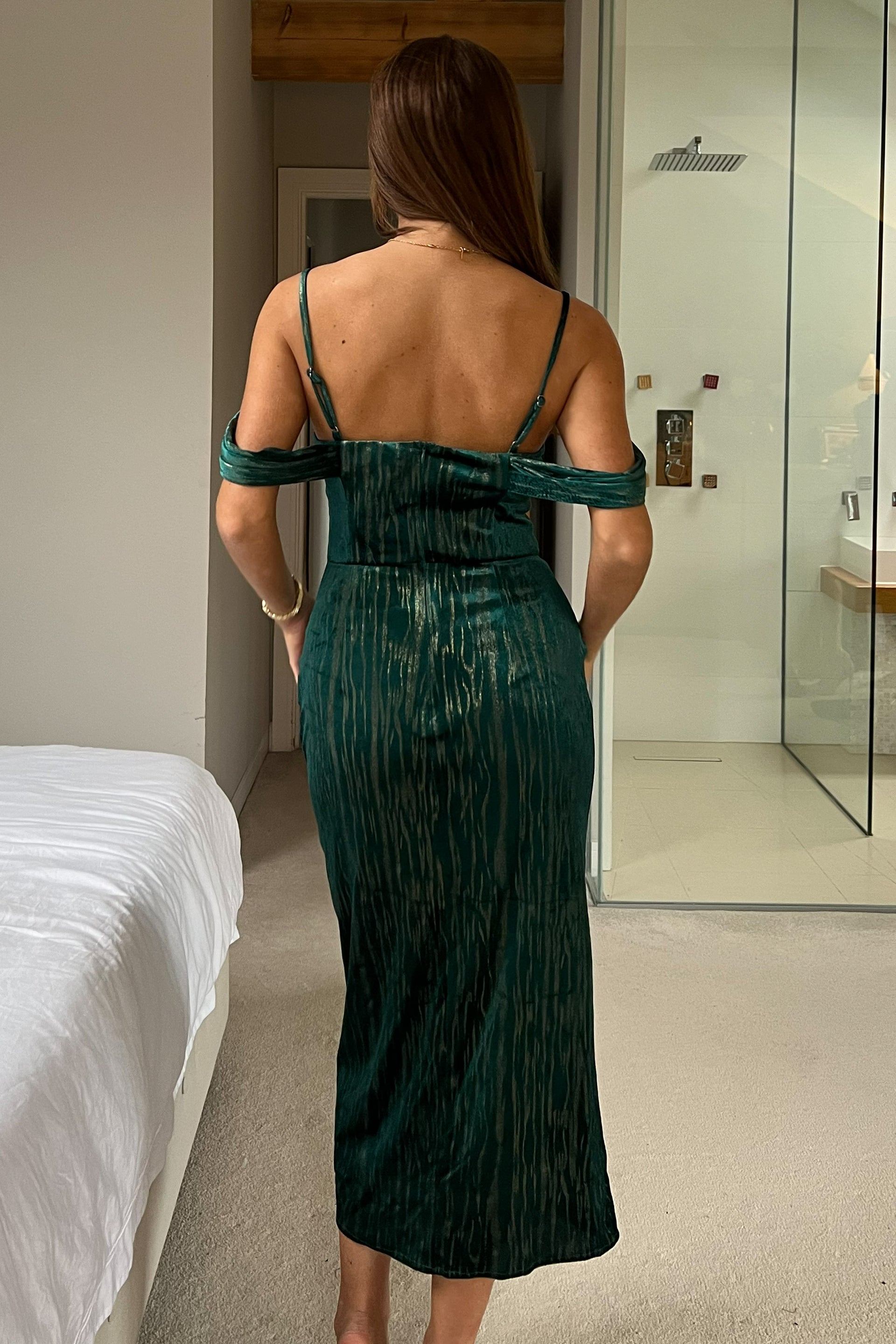 Camila Velvet Foil Wrap Over Midi Dress Green And Gold