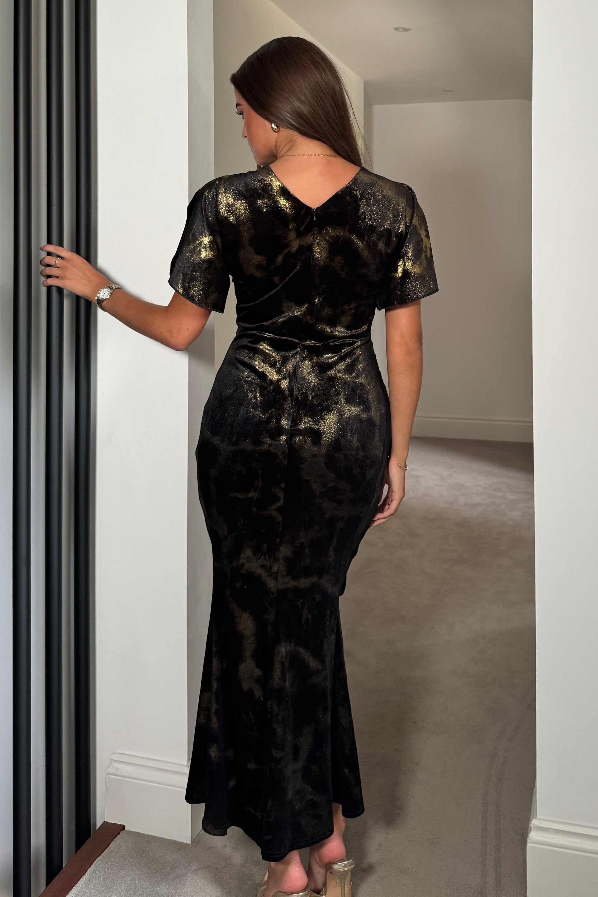 Cleo Black and Gold Ruched Detail Midi Dress In Velvet