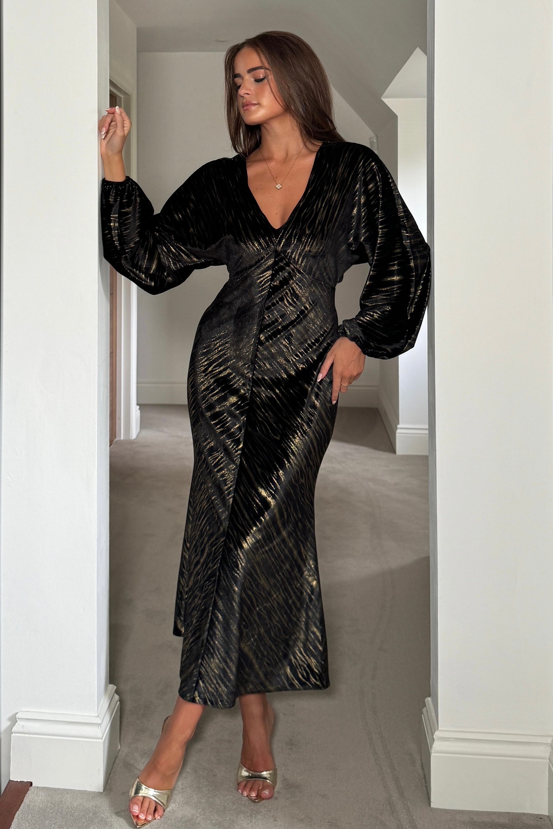 London V Neck Long Sleeve Maxi Dress in Black and Gold Velvet