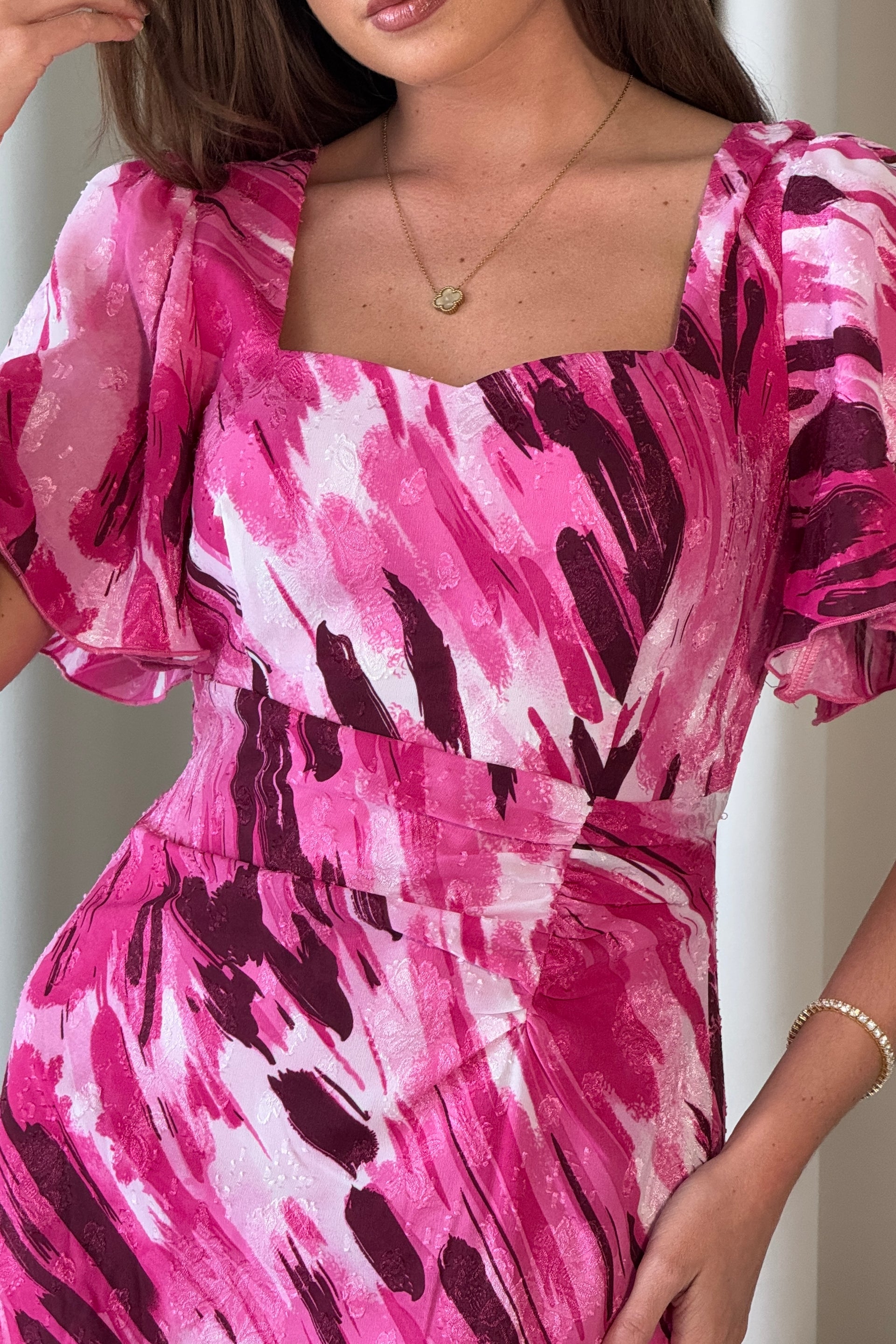 Heidi Pink Abstract Burnout Ruched Midi Dress